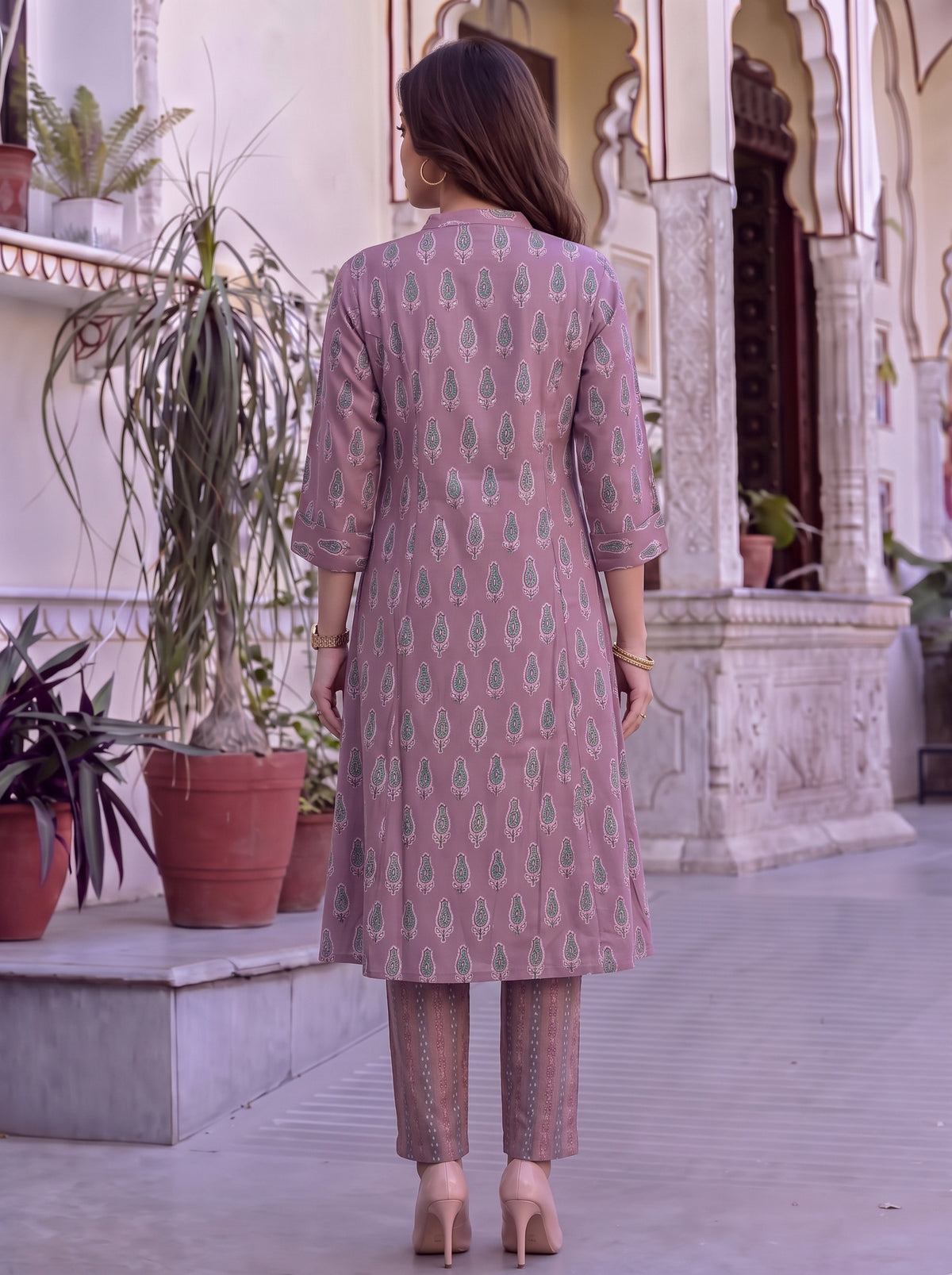 Buy Viscose Printed A-Line Calf Length Kurta With Pant-Purple