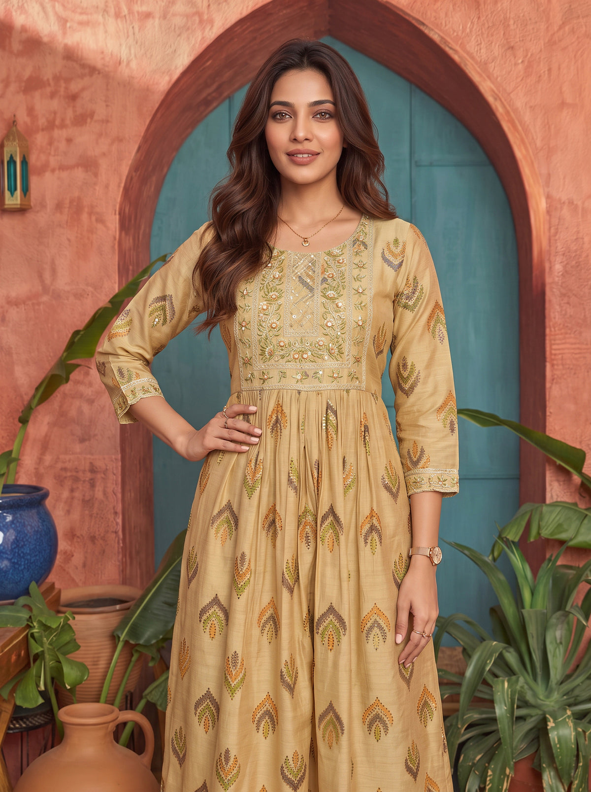 Chanderi Embroidered Flared Calf Length Kurta