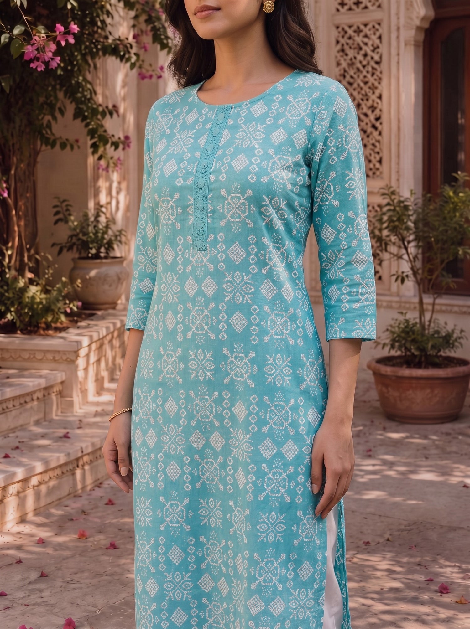 Buy Cotton Embroidered Straight Knee Length Kurta-Light Blue