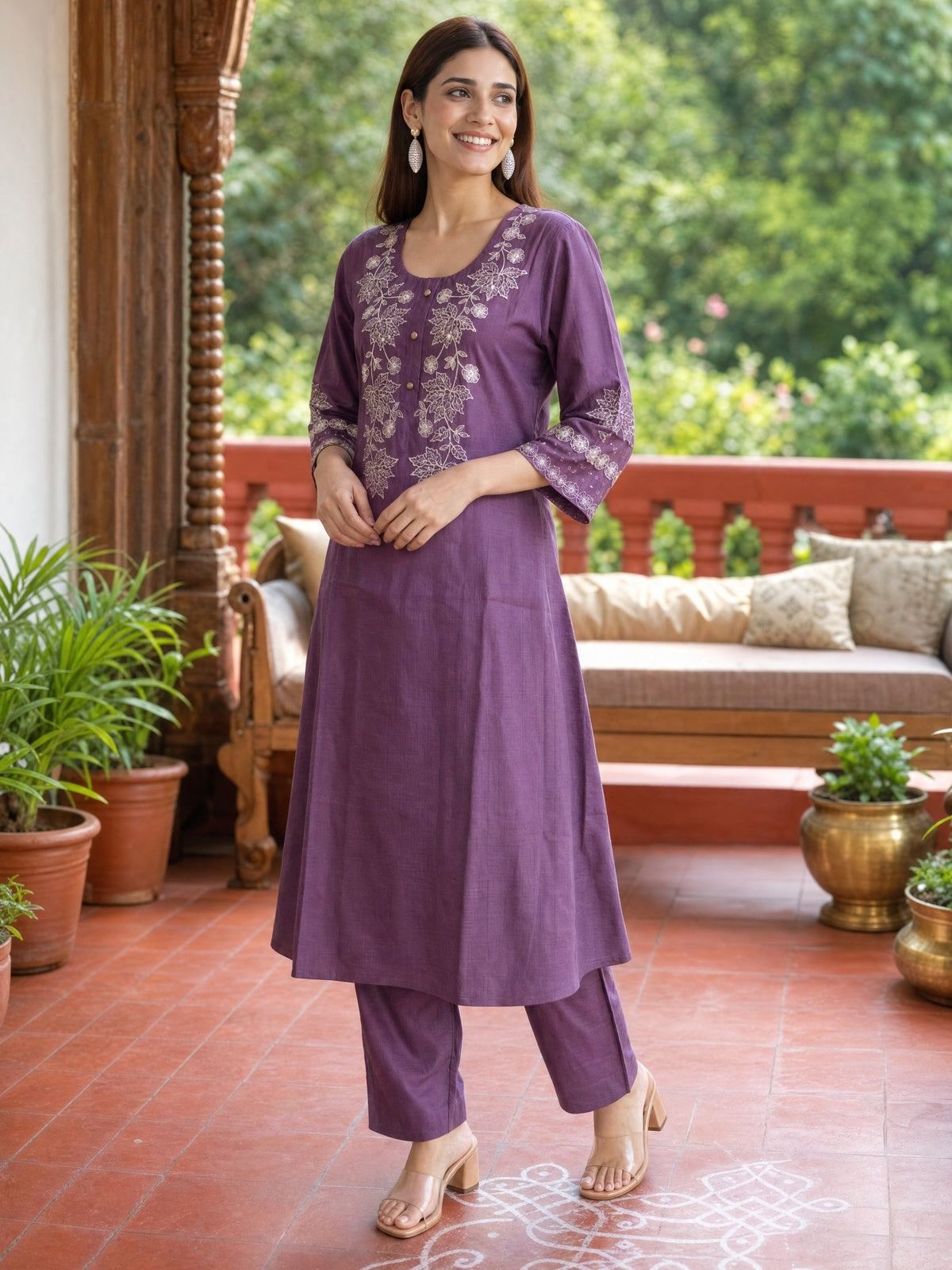 Buy Viscose Embroidered Anarkali Calf Length Kurta With Pant-Mauve