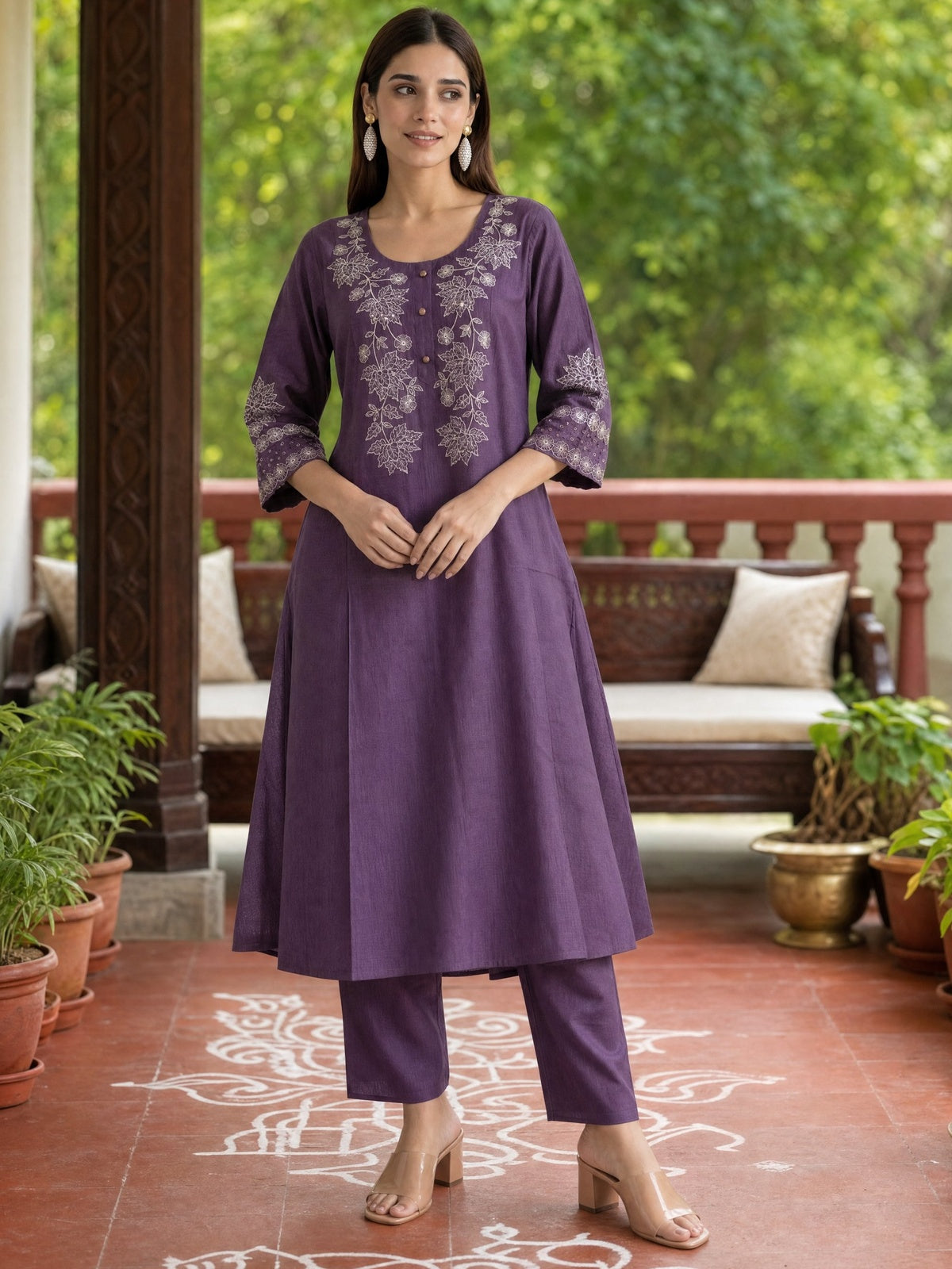 Viscose Embroidered Anarkali Calf Length Kurta With Pant