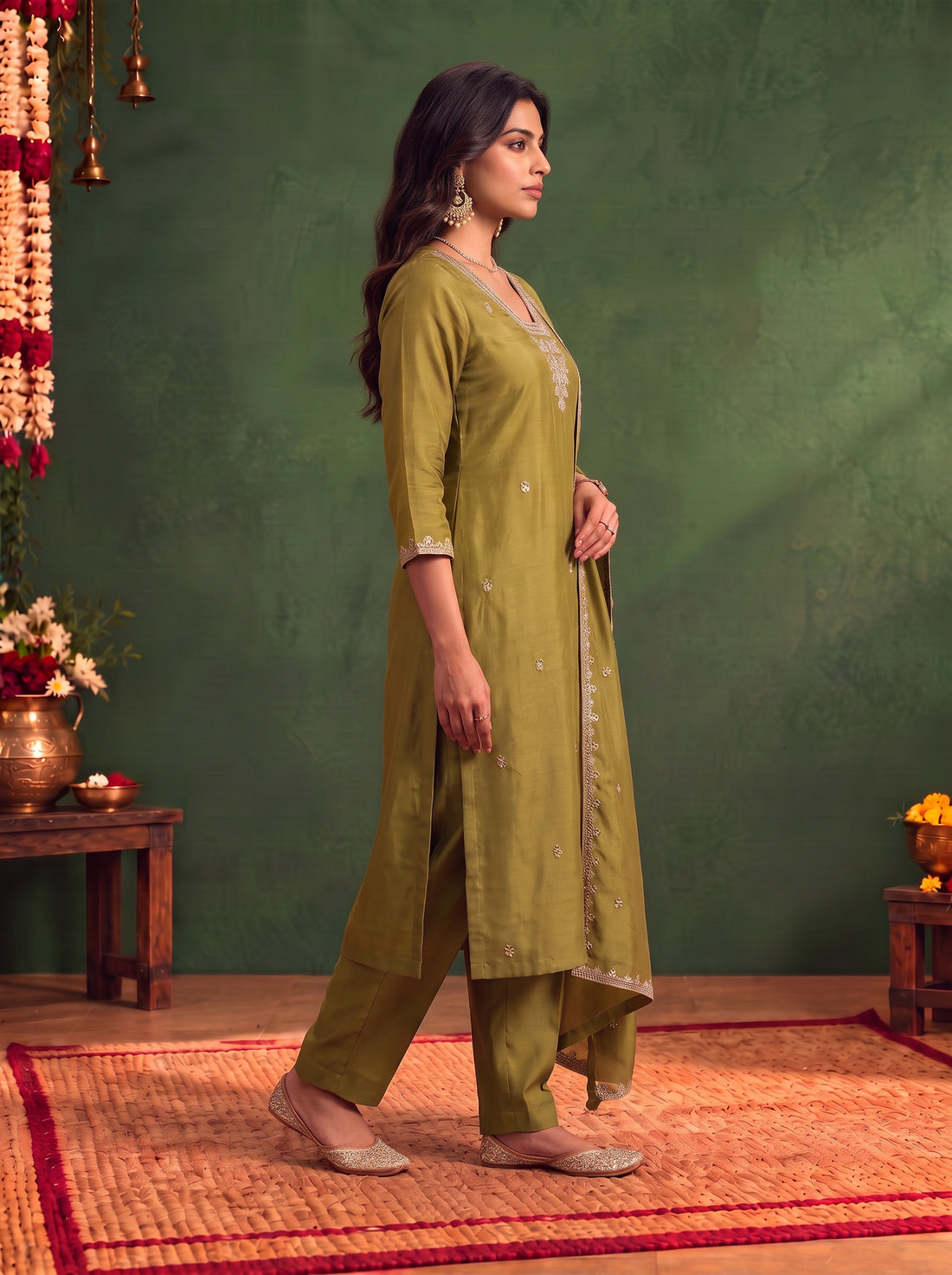 Buy Chanderi Embroidered Straight Calf Length Kurta With Pant and Dupatta-Olive Green