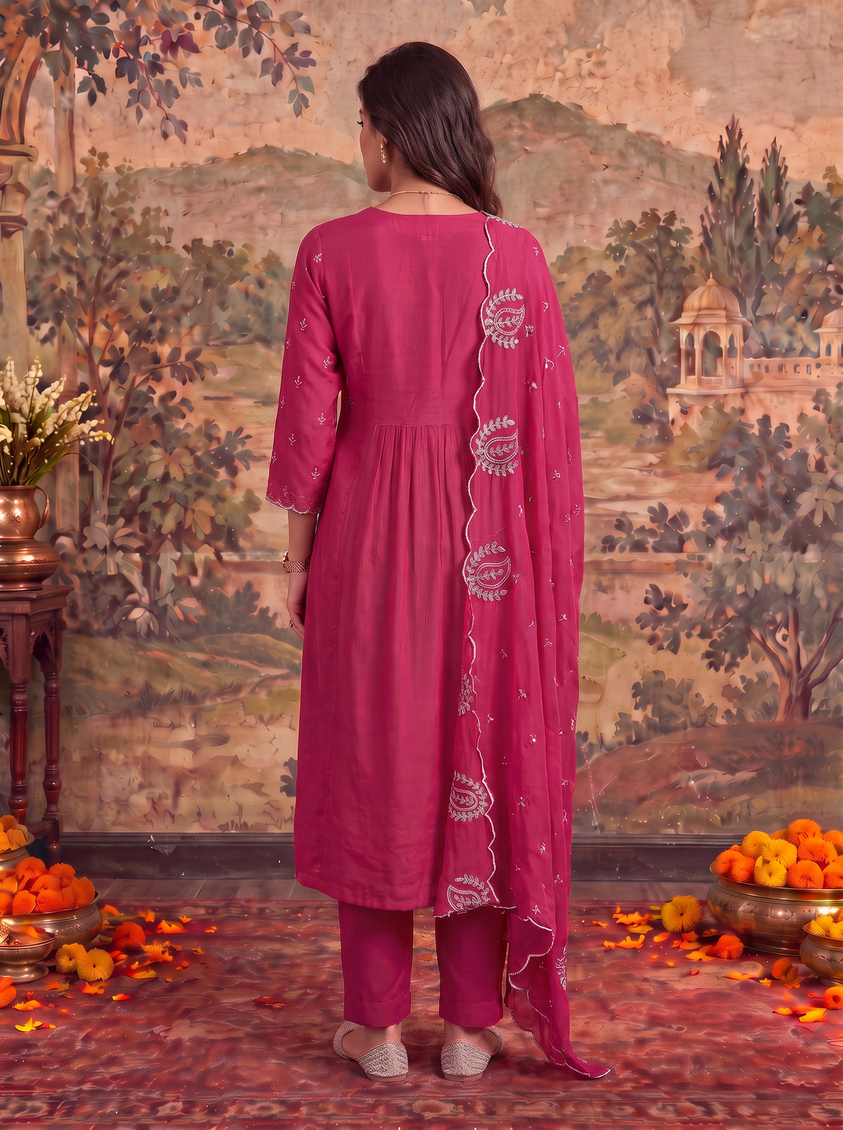 Cotton Embroidered Flared Calf Length Kurta With Pant and Dupatta