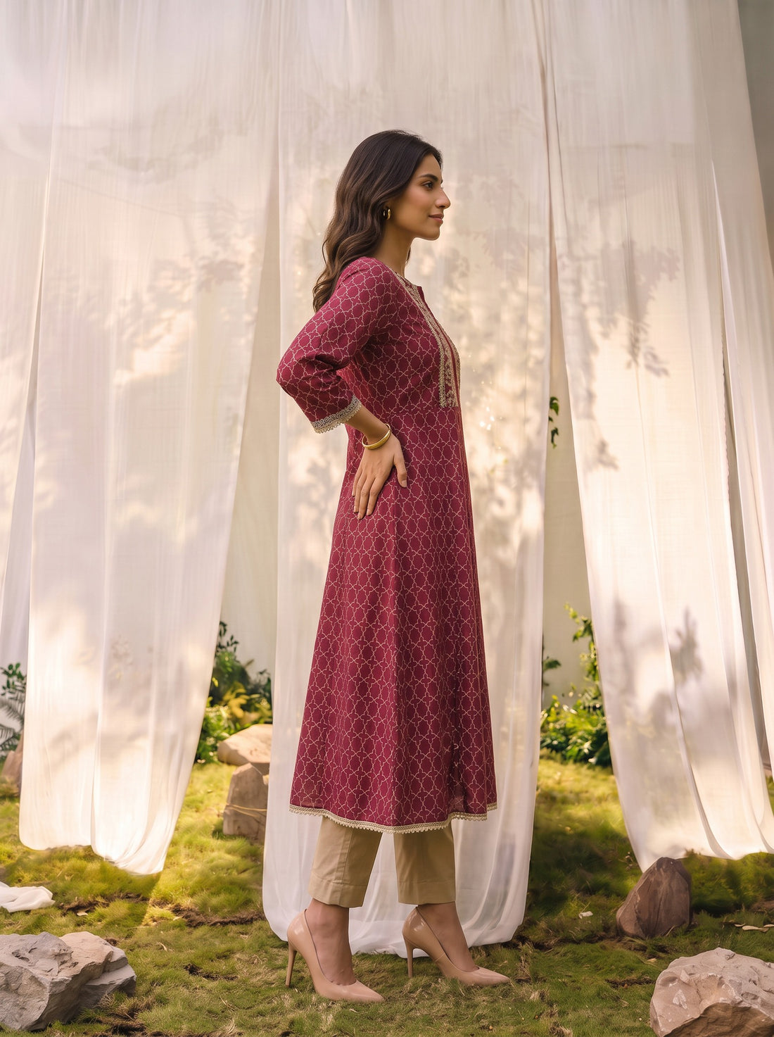 Buy Viscose Embroidered Straight Calf Length Kurta-Maroon