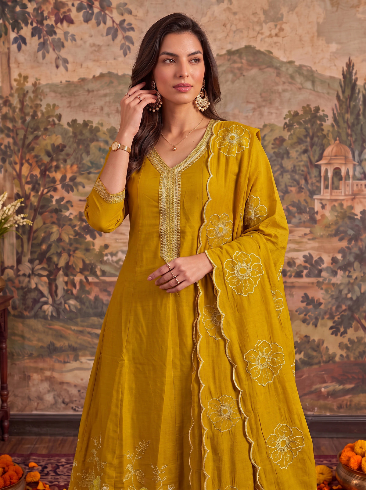 Buy Viscose Embroidered Flared Calf Length Kurta With Pant and Dupatta-Mustard