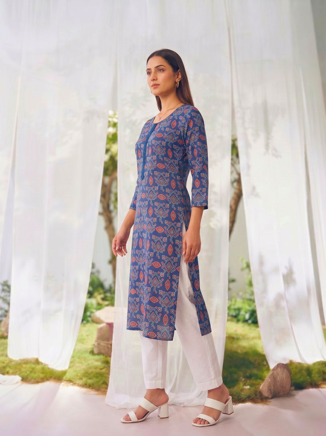 Buy Rayon Printed Straight Knee Length Kurta-Blue
