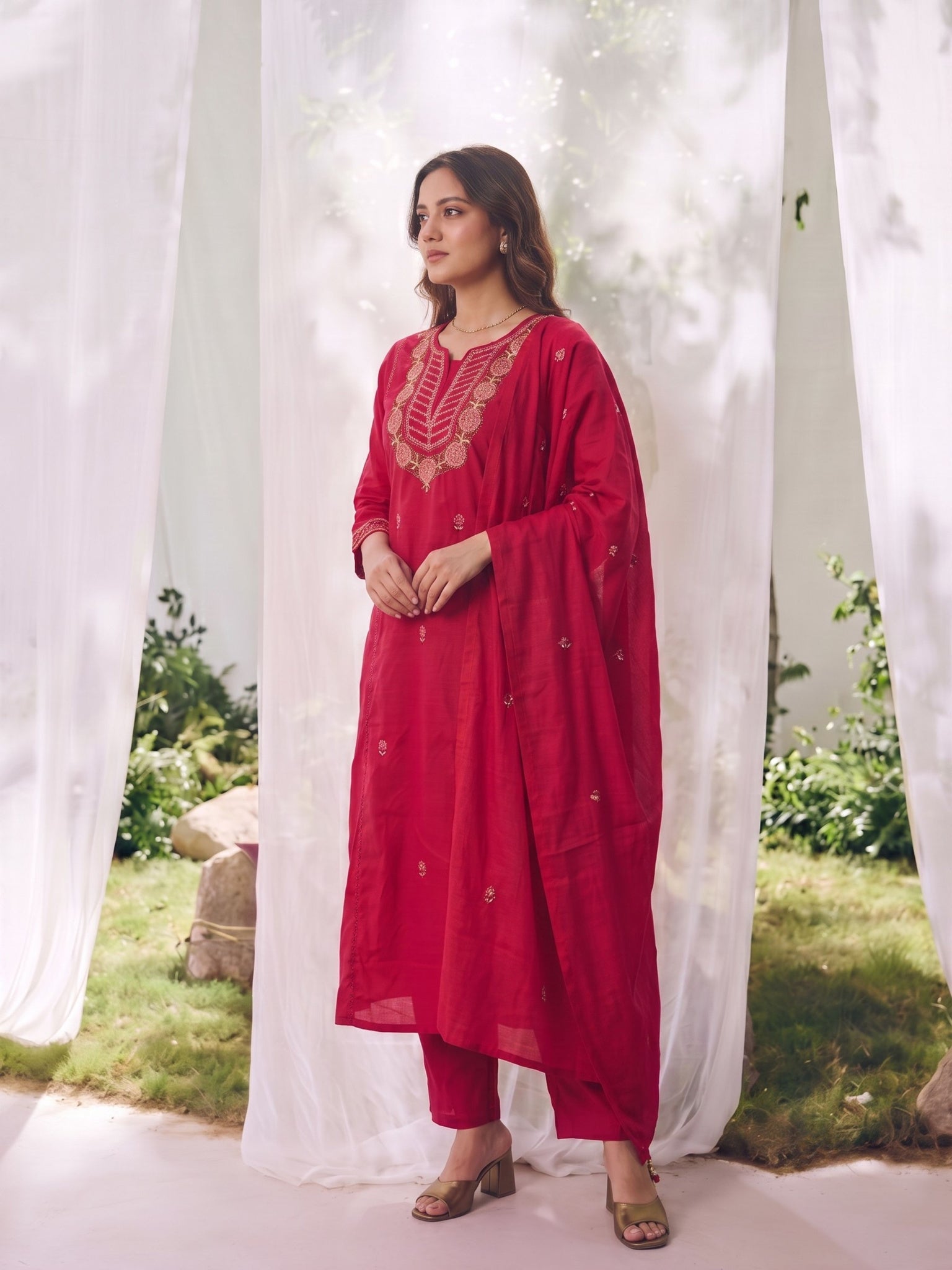 Cotton Embroidered A-Line Calf Length Kurta With Pant