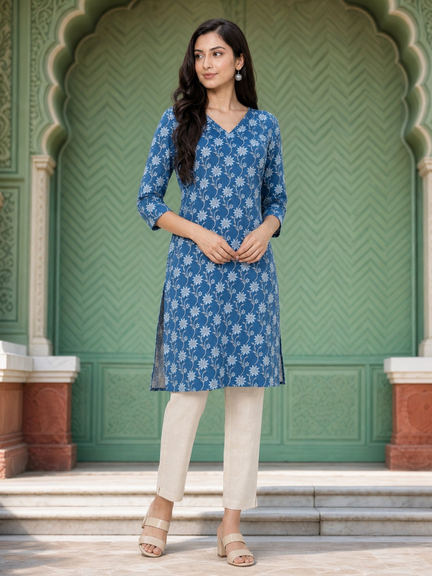 Buy Rayon Printed Straight Knee Length Kurta-Blue