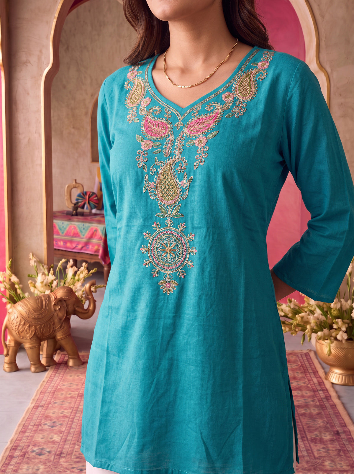 Rayon Embroidered Straight Short Length Short Kurta
