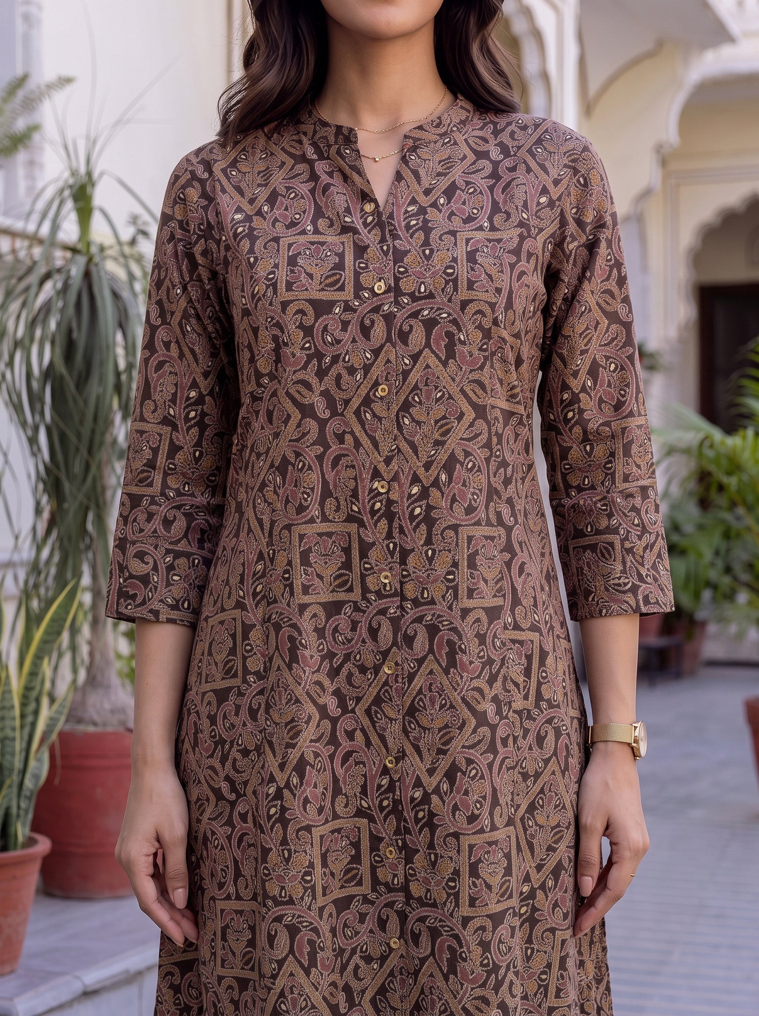 Buy Viscose Printed A-Line Calf Length Kurta With Pant-Brown