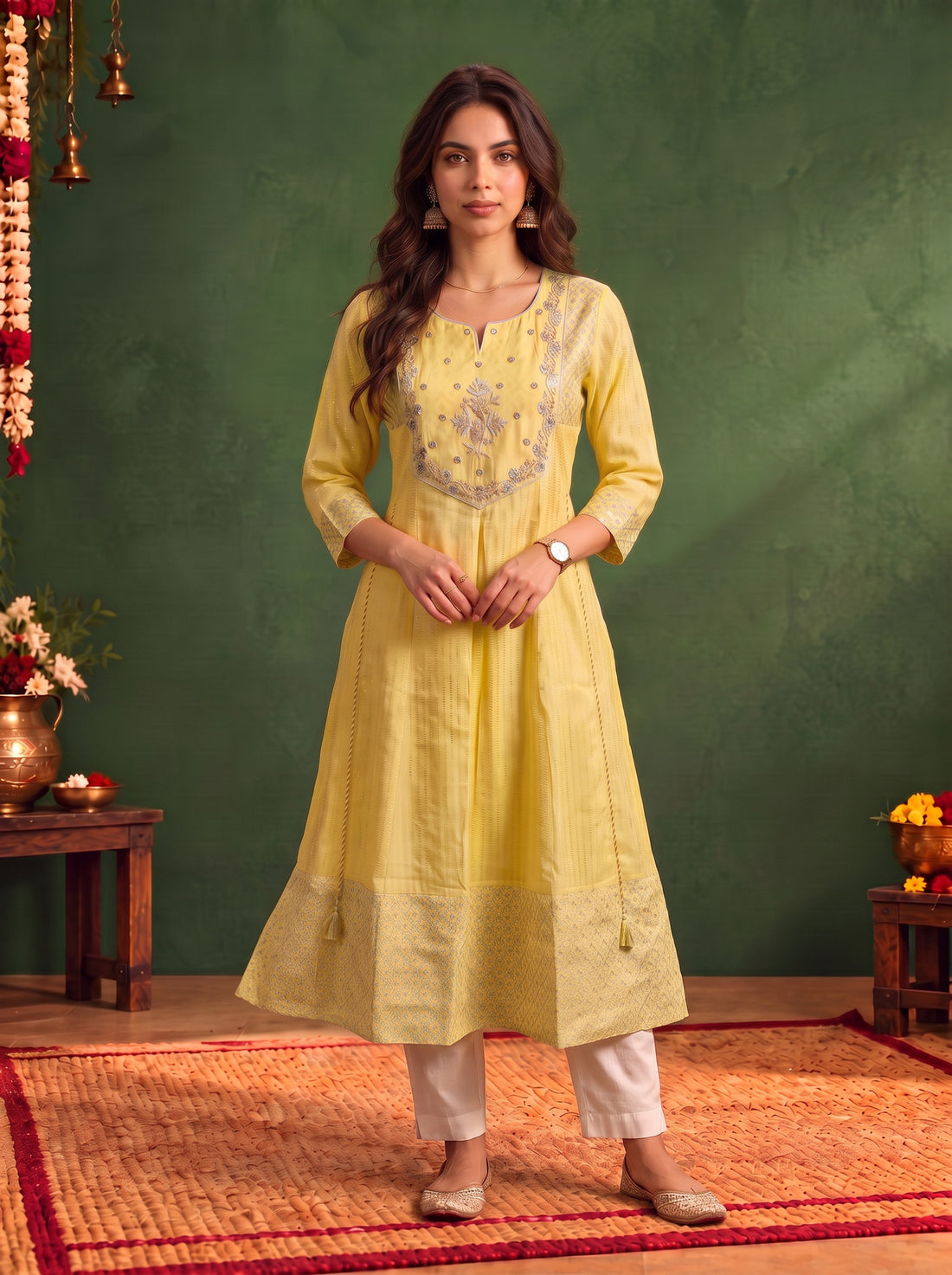 Buy Viscose Embroidered Flared Calf Length Kurta-Yellow