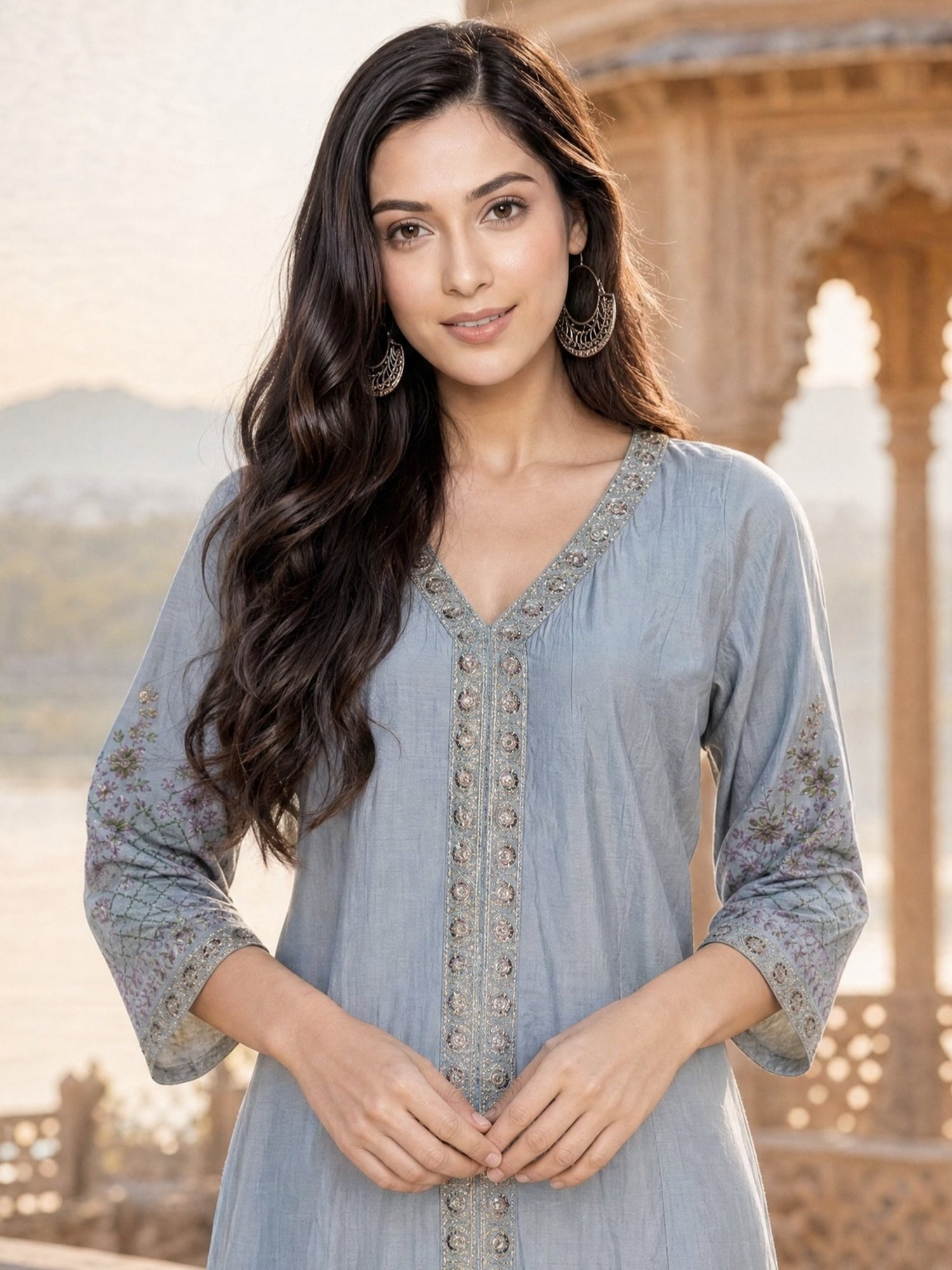 Viscose Embroidered Flared Calf Length Kurta