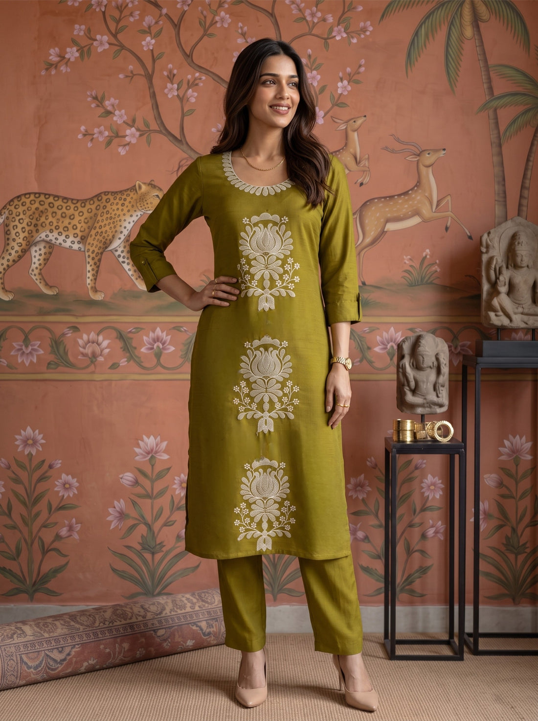 Buy Viscose Embroidered Straight Calf Length Kurta With Pant and Dupatta-Mustard