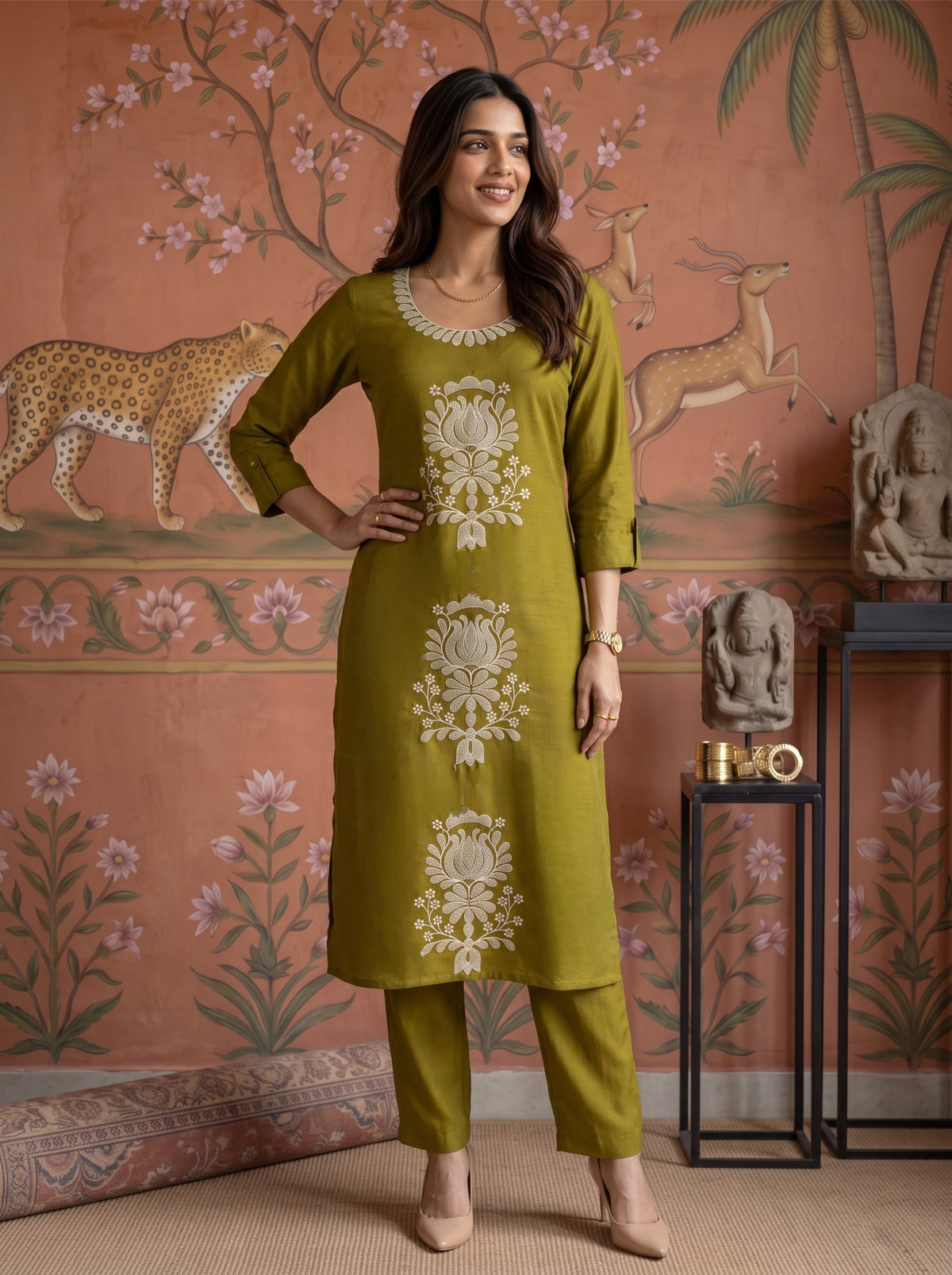 Viscose Embroidered Straight Calf Length Kurta With Pant and Dupatta