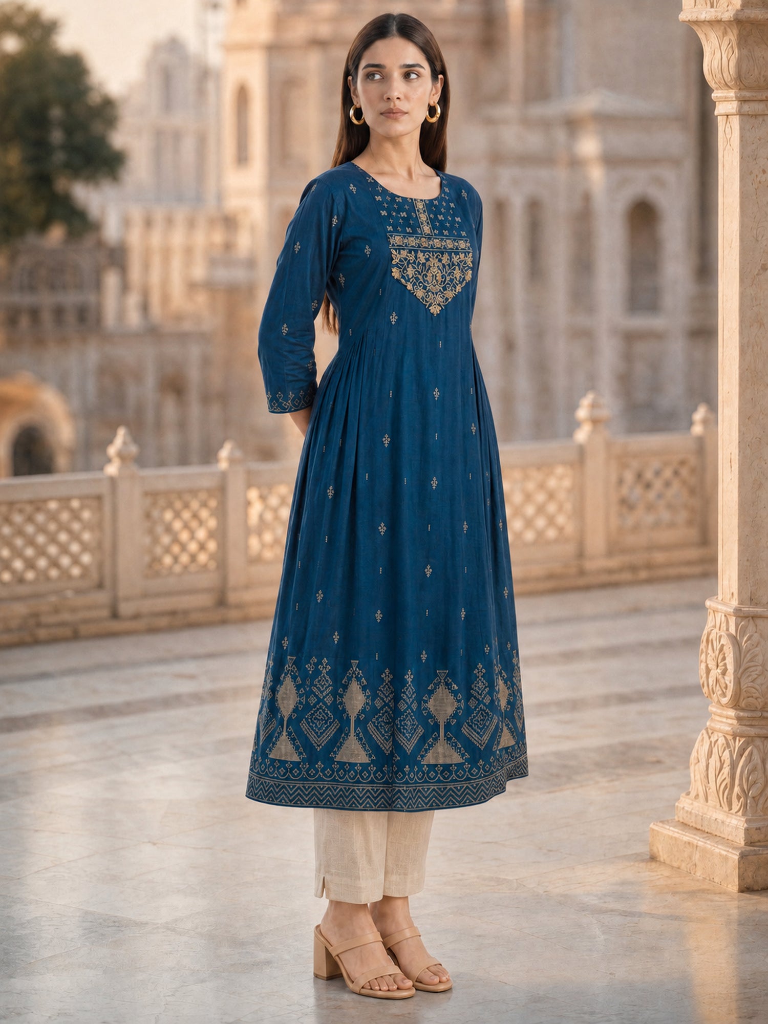 Viscose Embroidered Flared Calf Length Kurta