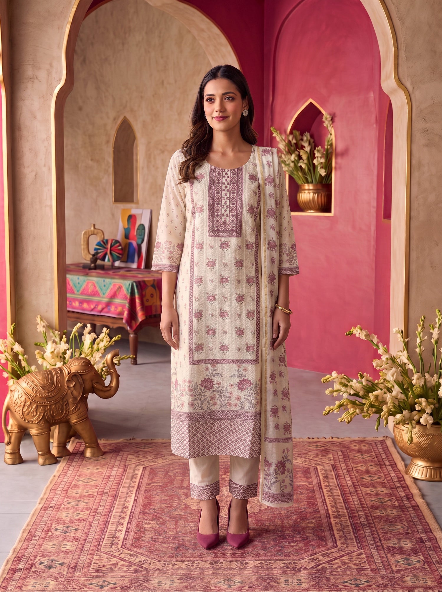Buy Viscose Embroidered Straight Calf Length Kurta With Pant and Dupatta-Off White