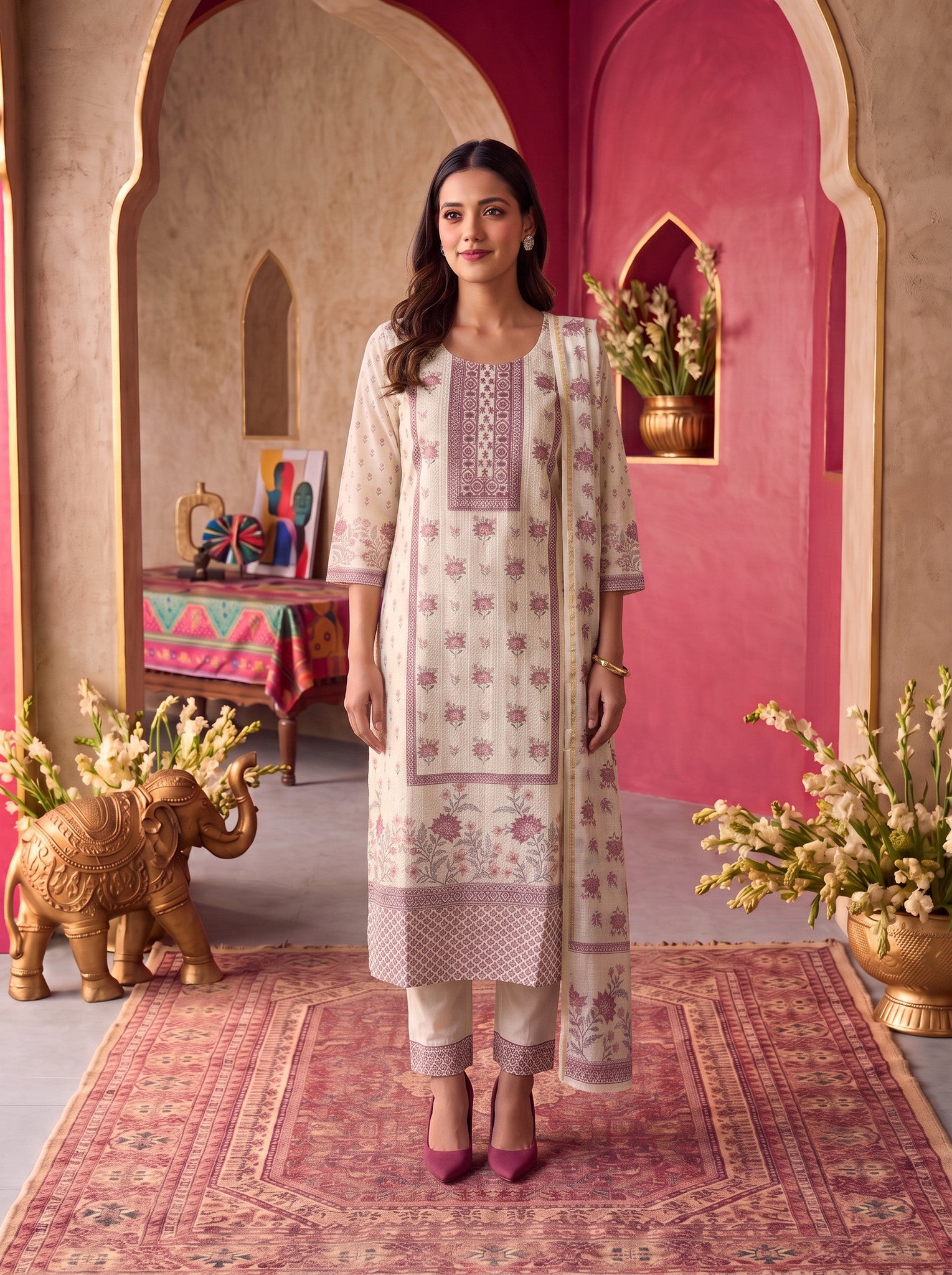 Viscose Embroidered Straight Calf Length Kurta With Pant and Dupatta
