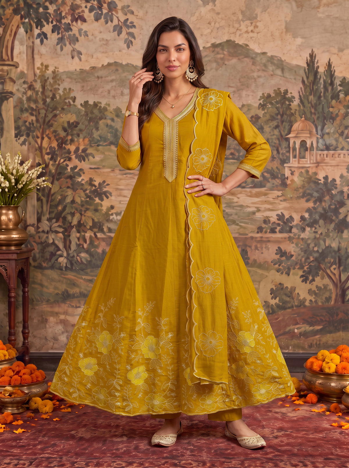 Buy Viscose Embroidered Flared Calf Length Kurta With Pant and Dupatta-Mustard