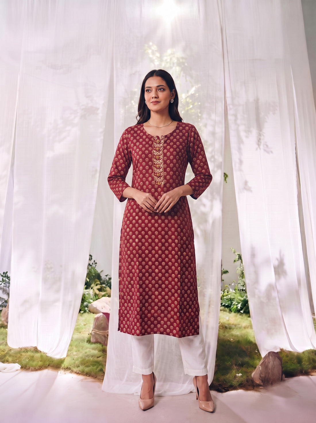 Buy Rayon Printed Straight Knee Length Kurta-Pink