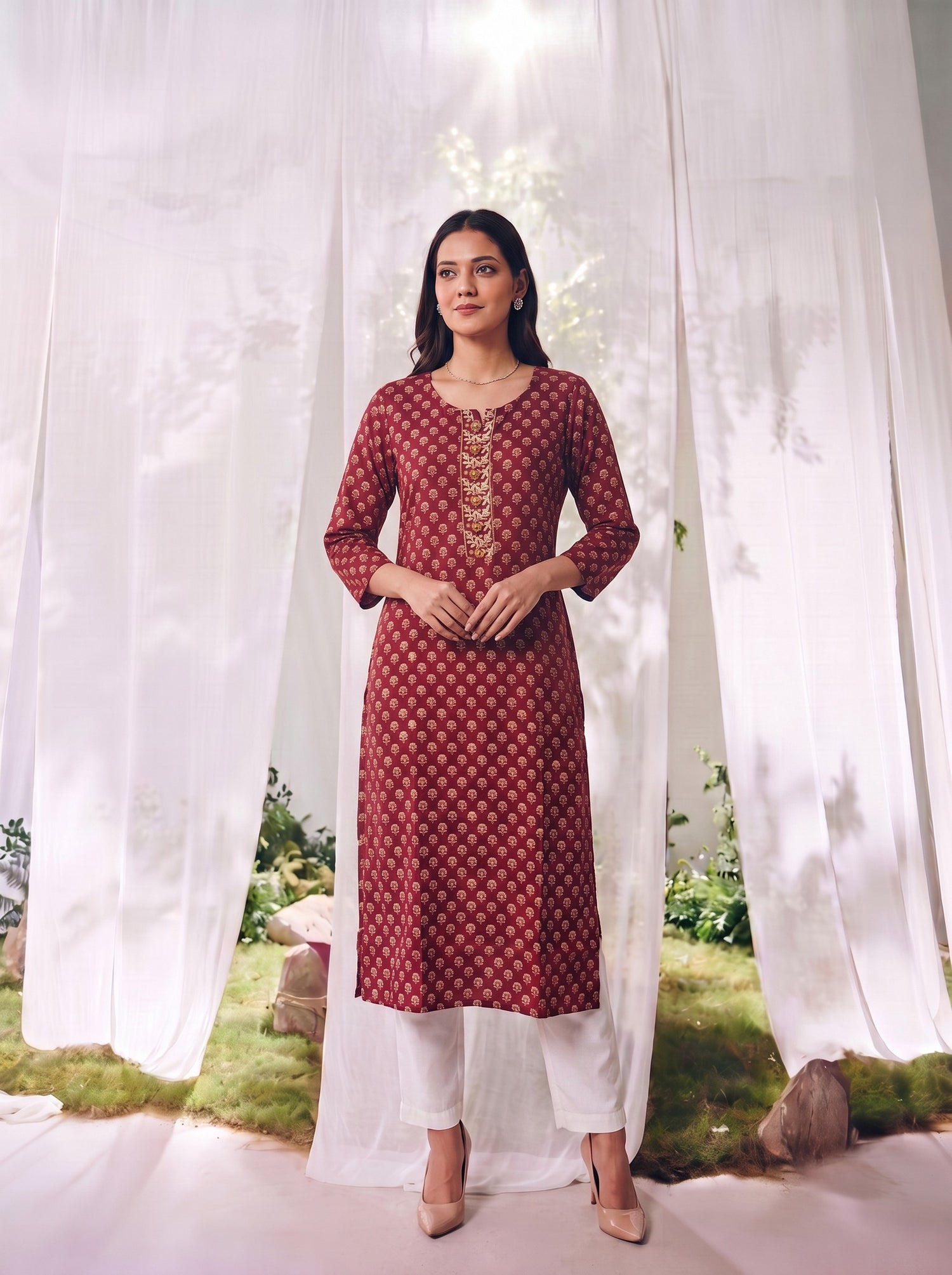 Buy Rayon Printed Straight Knee Length Kurta-Pink