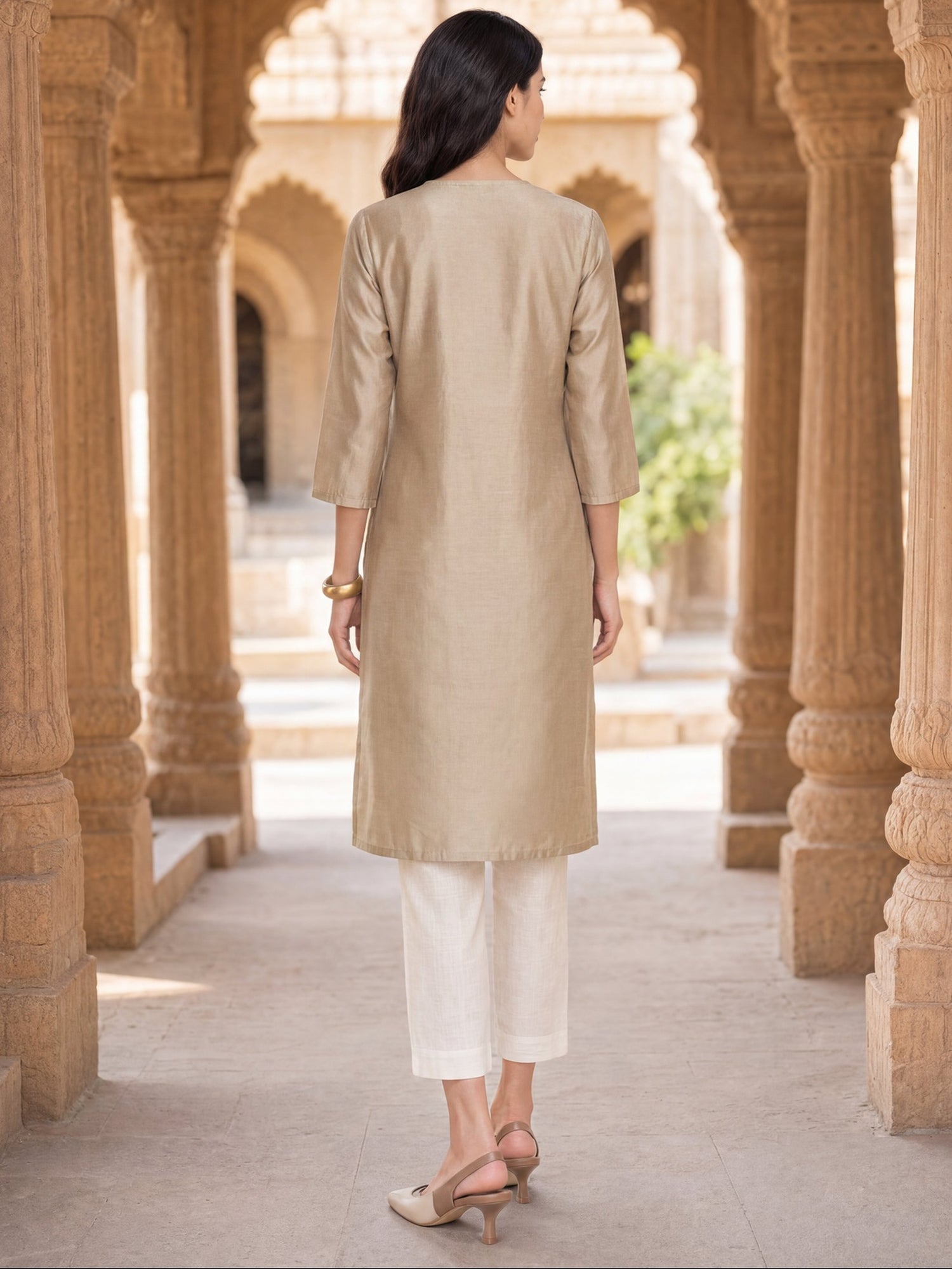 Buy Chanderi Embroidered Straight Calf Length Kurta-Beige