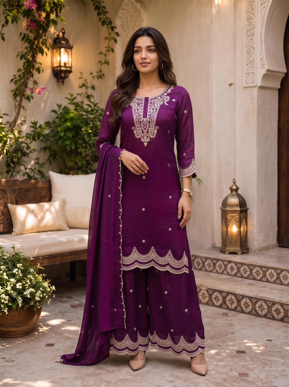 Viscose Embroidered Straight Knee Length Kurta With Pant and Dupatta