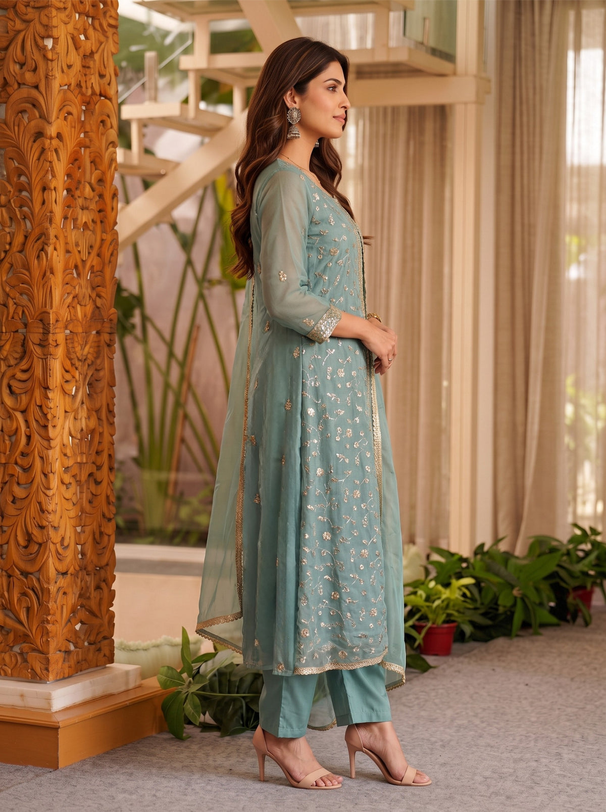 Buy Rayon Embroidered Flared Calf Length Kurta With Pant and Dupatta-Blue