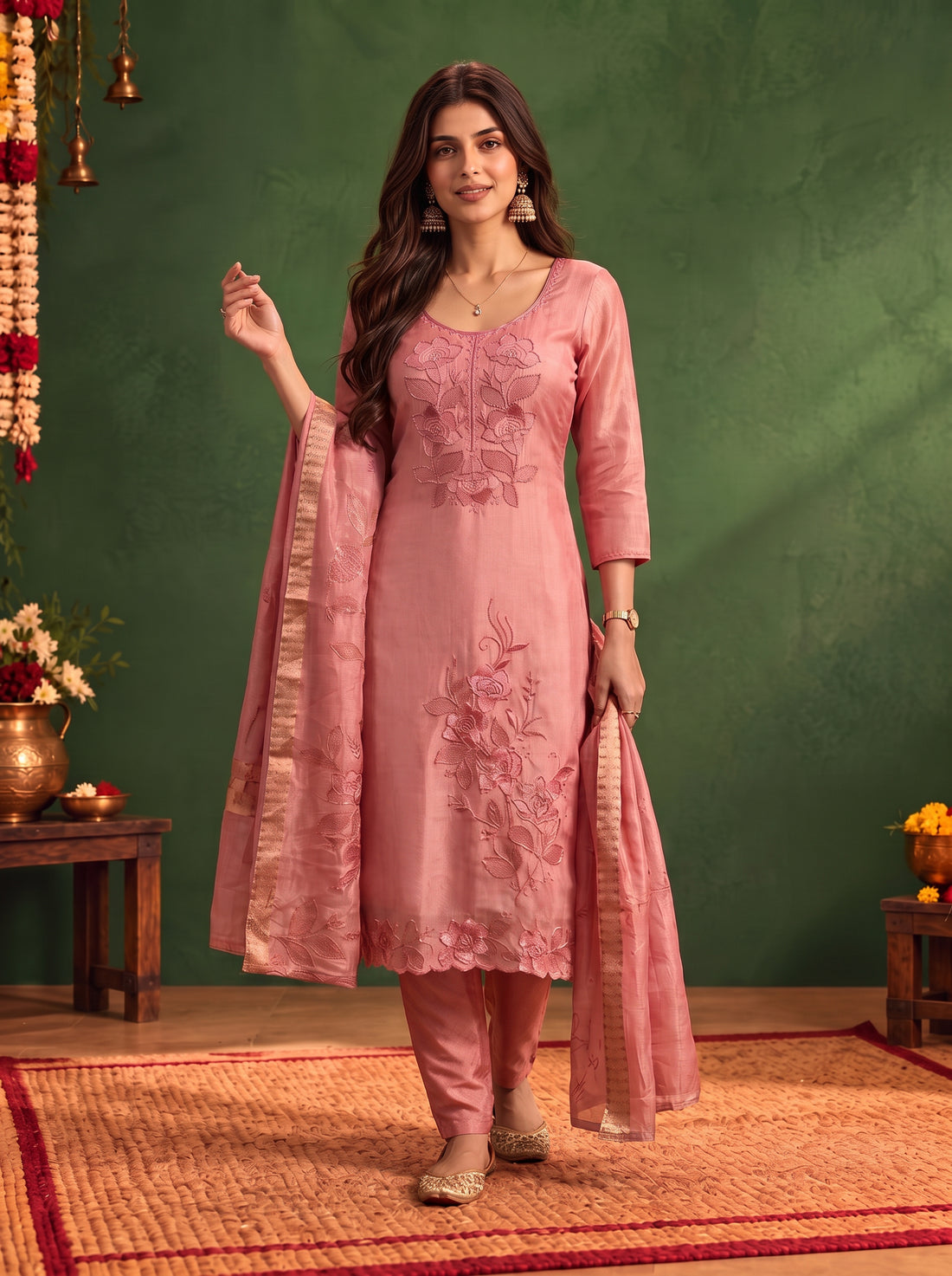 Buy Viscose Embroidered Straight Calf Length Kurta With Pant and Dupatta-Peach