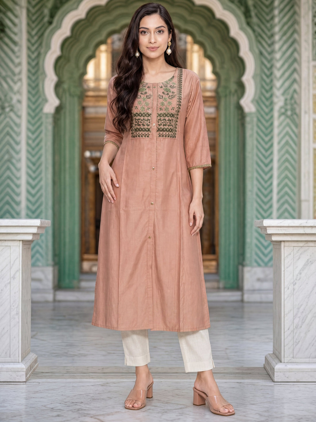 Buy Viscose Embroidered A-Line Calf Length Kurta-Peach