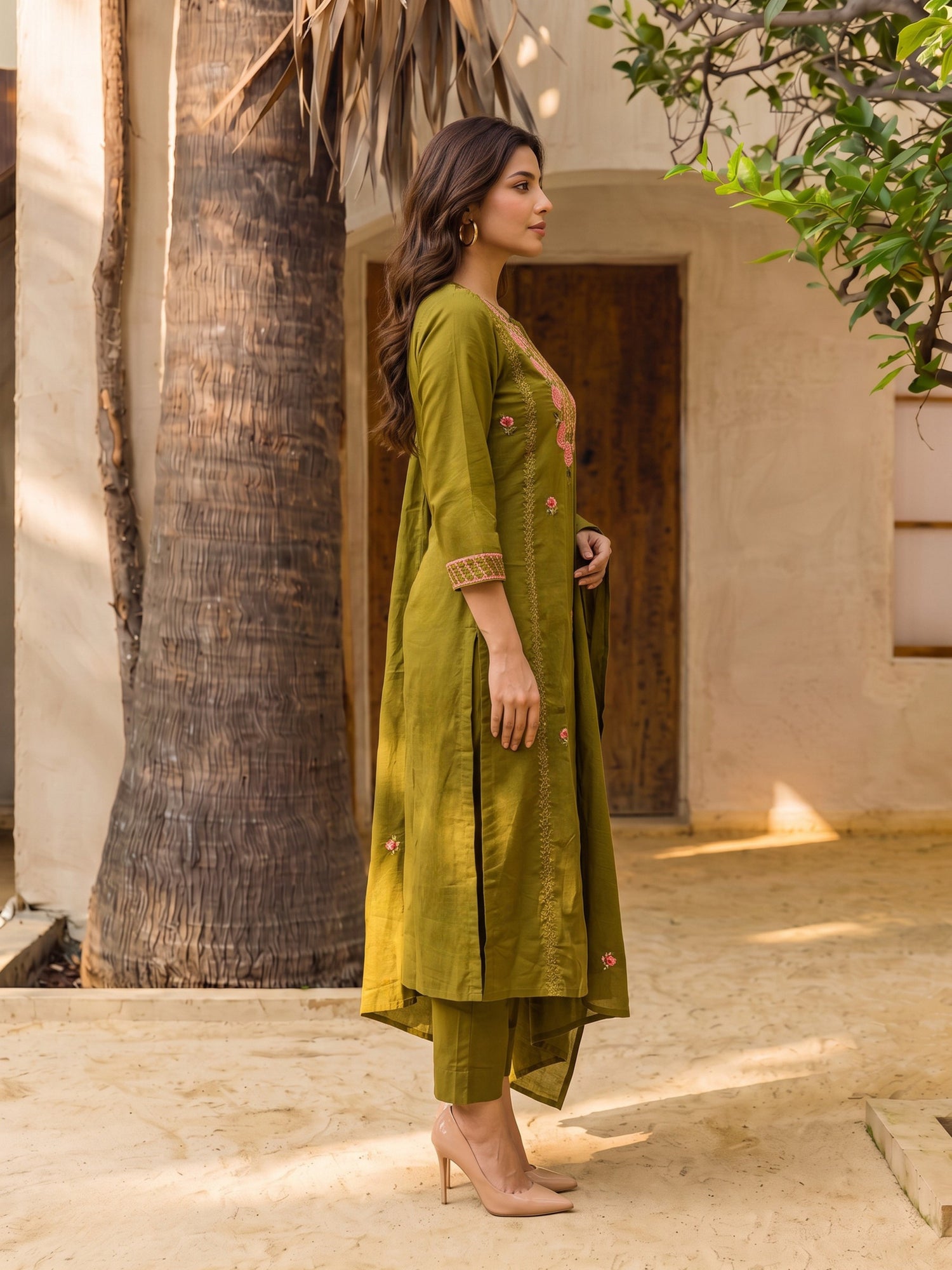 Buy Cotton Embroidered A-Line Calf Length Kurta With Pant-Green