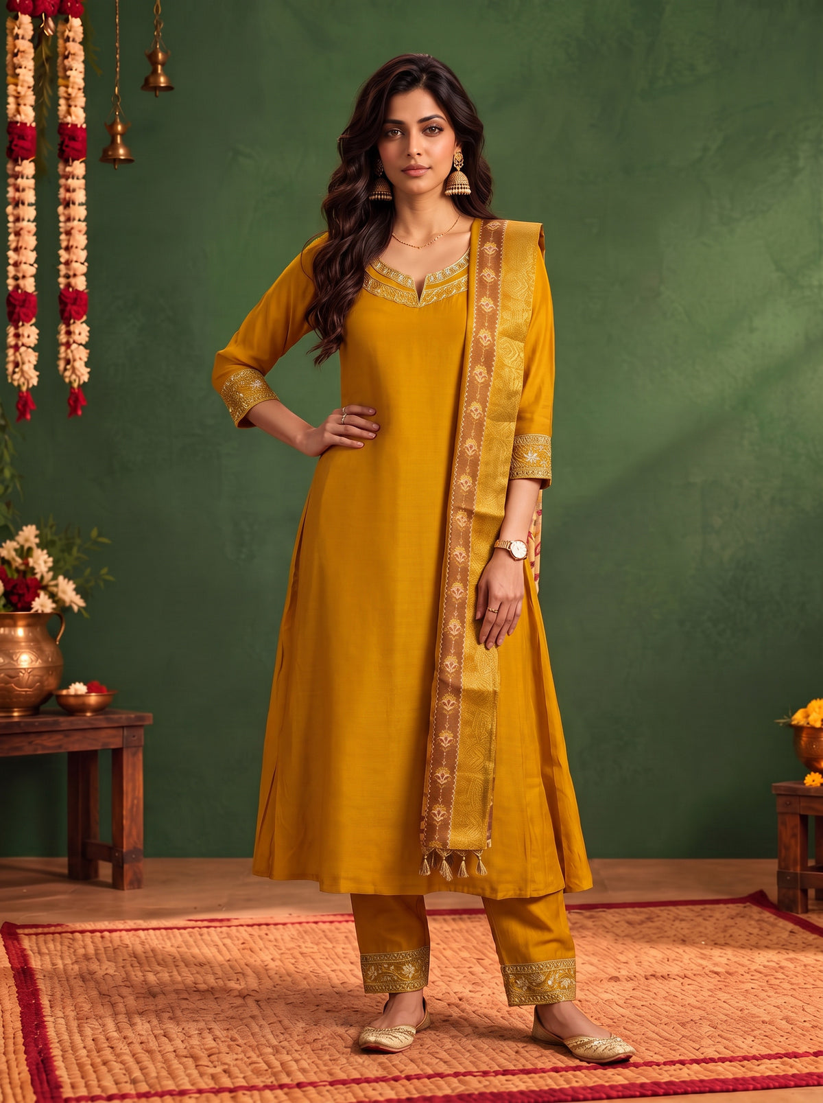 Buy Viscose Embroidered Flared Calf Length Kurta With Pant and Dupatta-Mustard