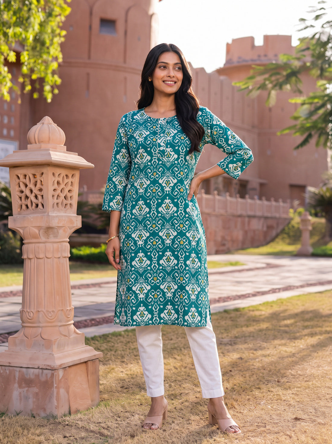 Buy Rayon Printed Straight Knee Length Kurta-Green