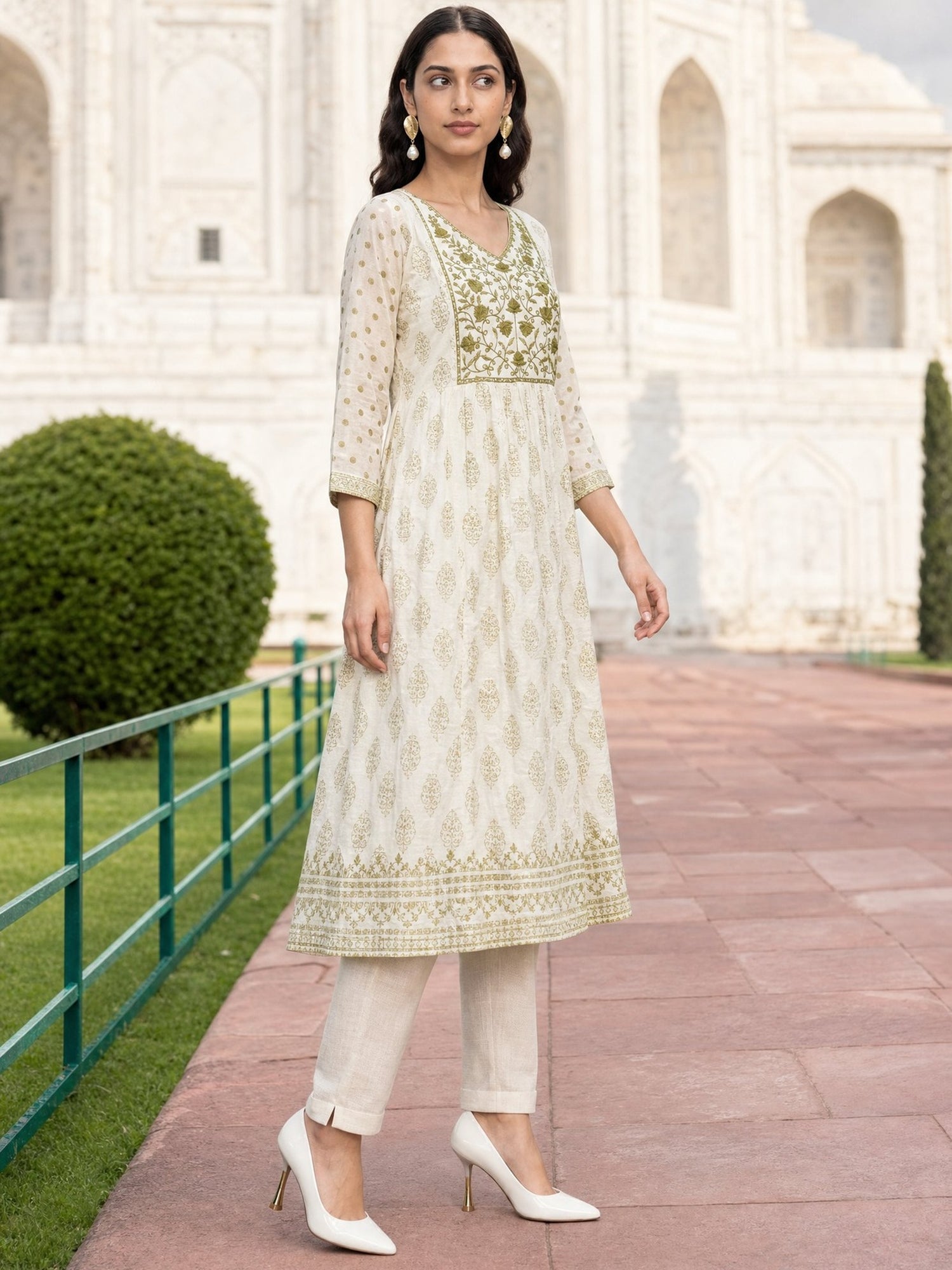 Buy Rayon Embroidered Flared Calf Length Kurta-Off White