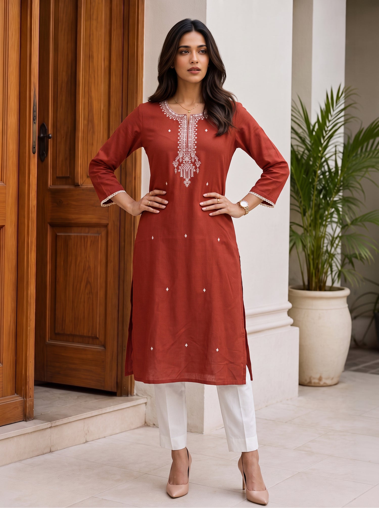 Buy Rayon Embroidered Straight Calf Length Kurta-Rust