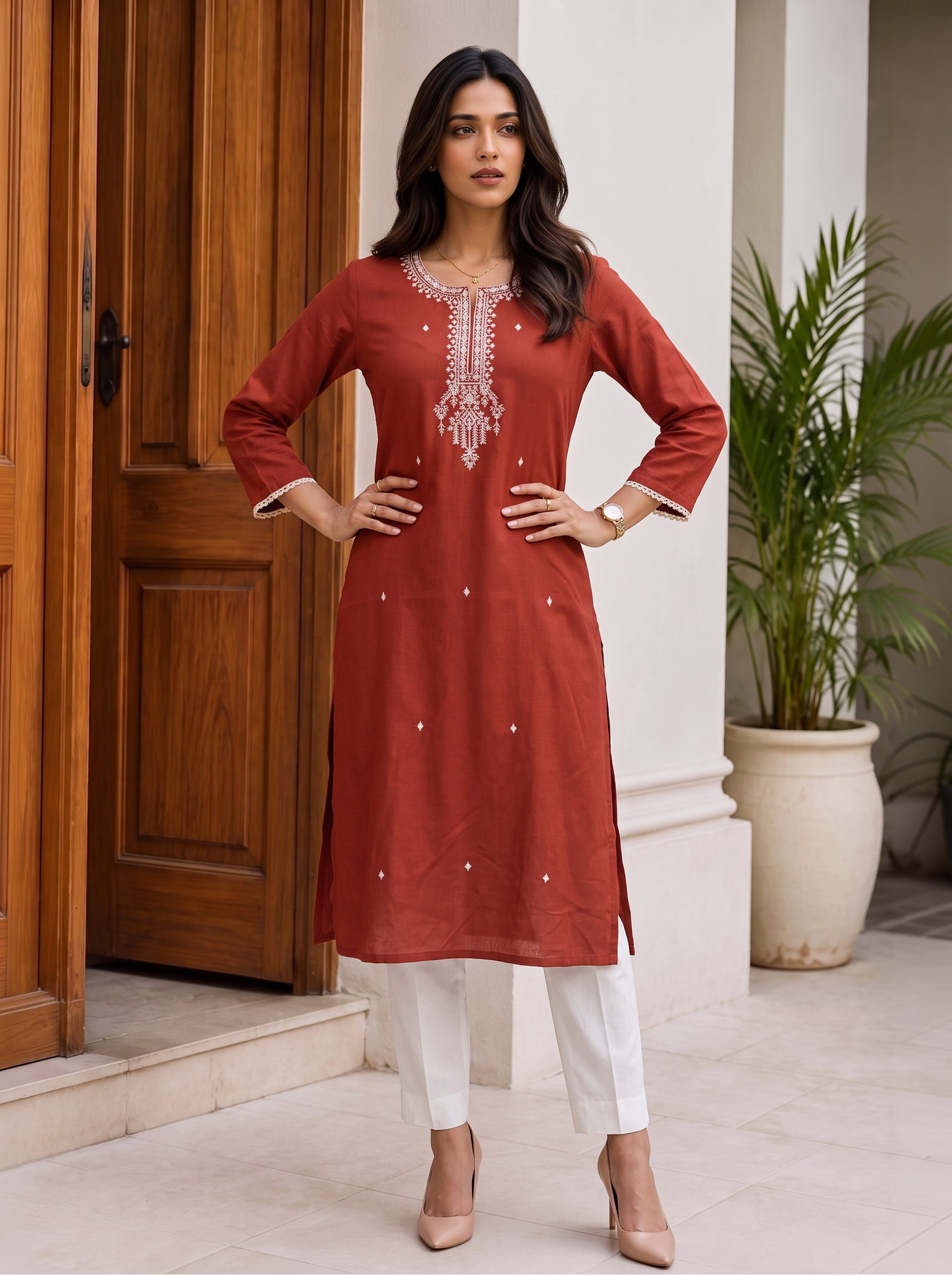 Rayon Embroidered Straight Calf Length Kurta