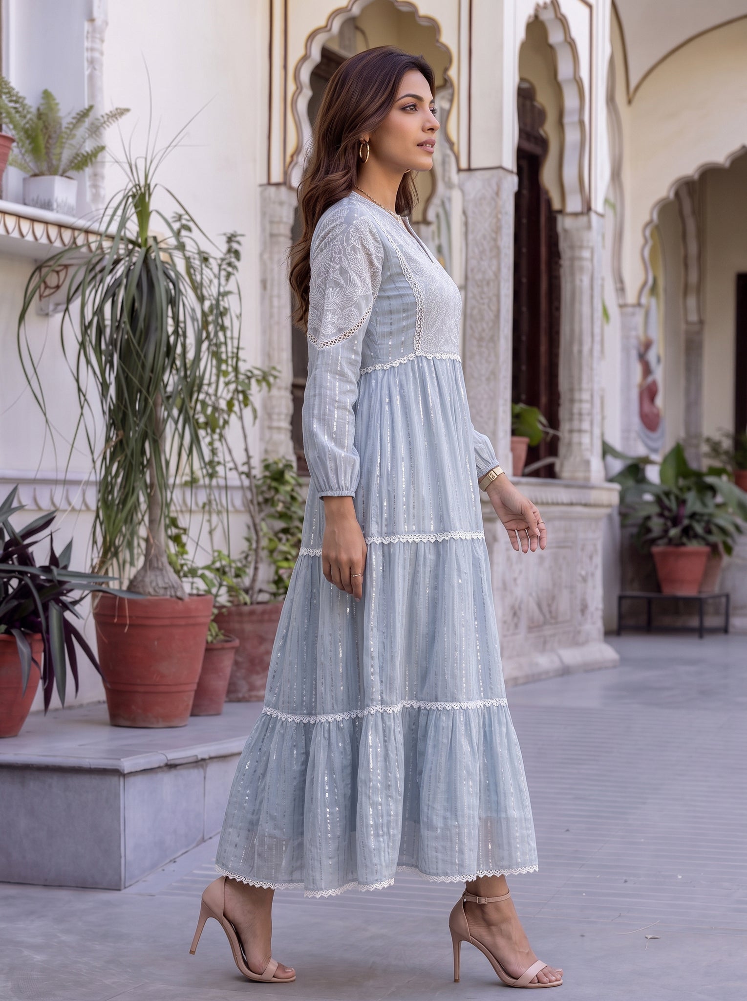 Chanderi Embroidered Flared Calf Length Dress