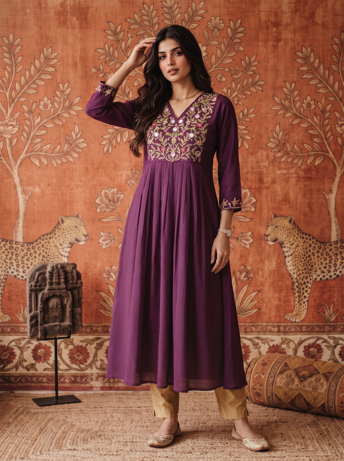 Buy Viscose Embroidered Flared Calf Length Kurta-Wine