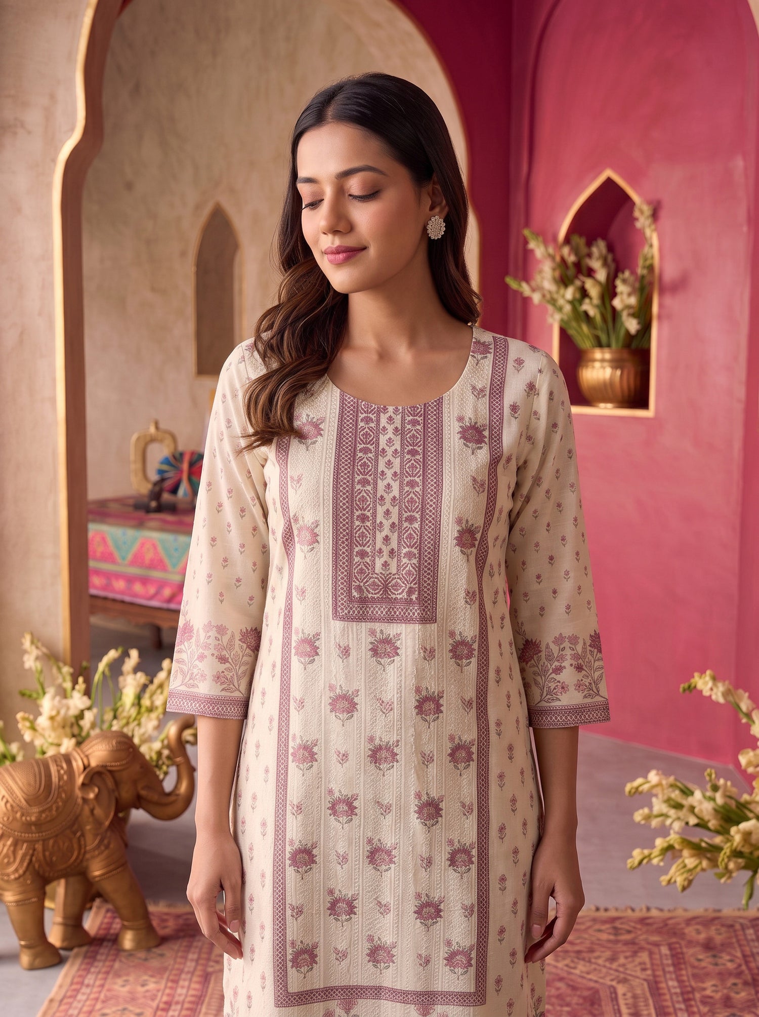 Buy Viscose Embroidered Straight Calf Length Kurta With Pant and Dupatta-Off White
