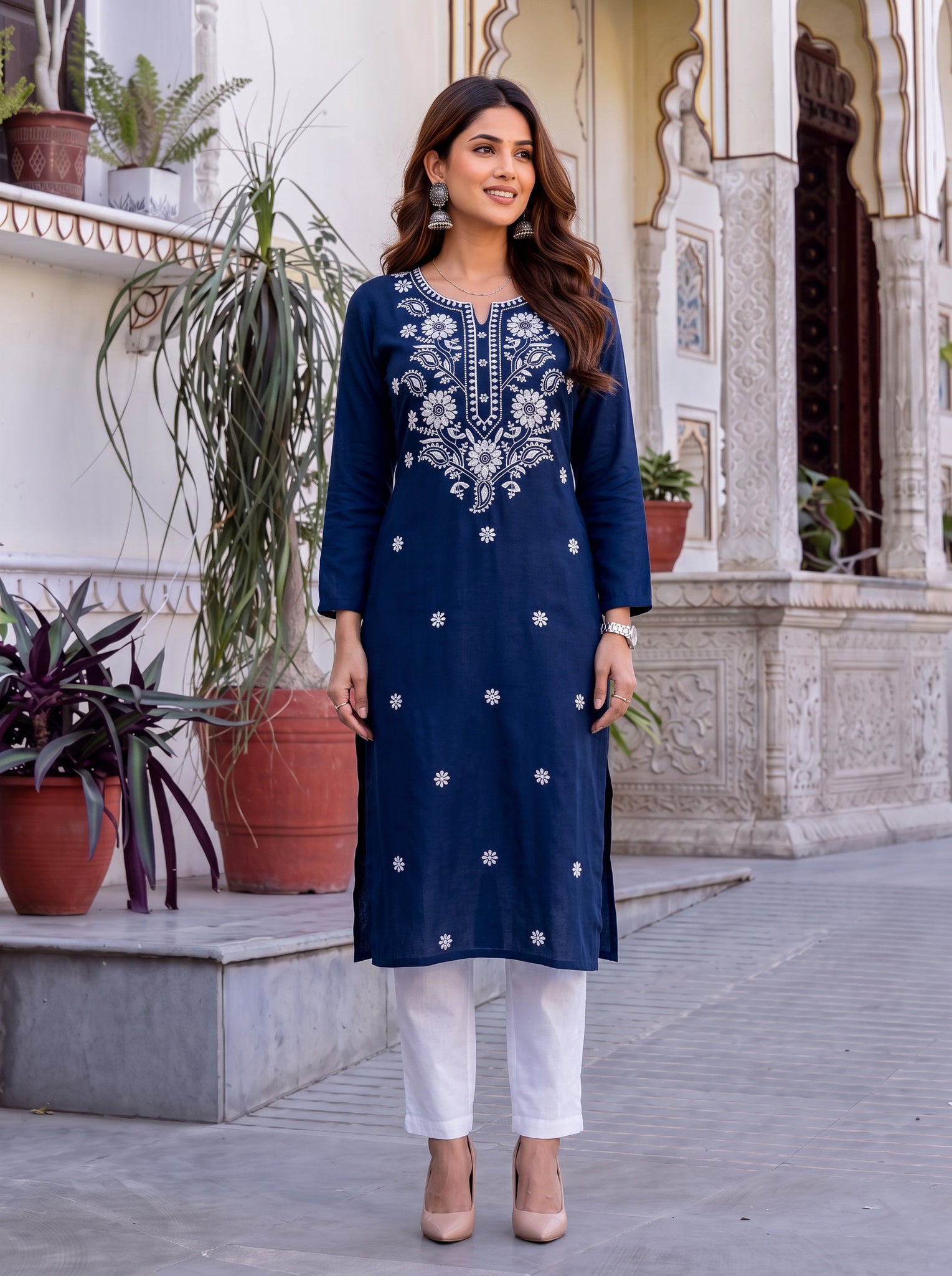 Rayon Embroidered Straight Calf Length Kurta