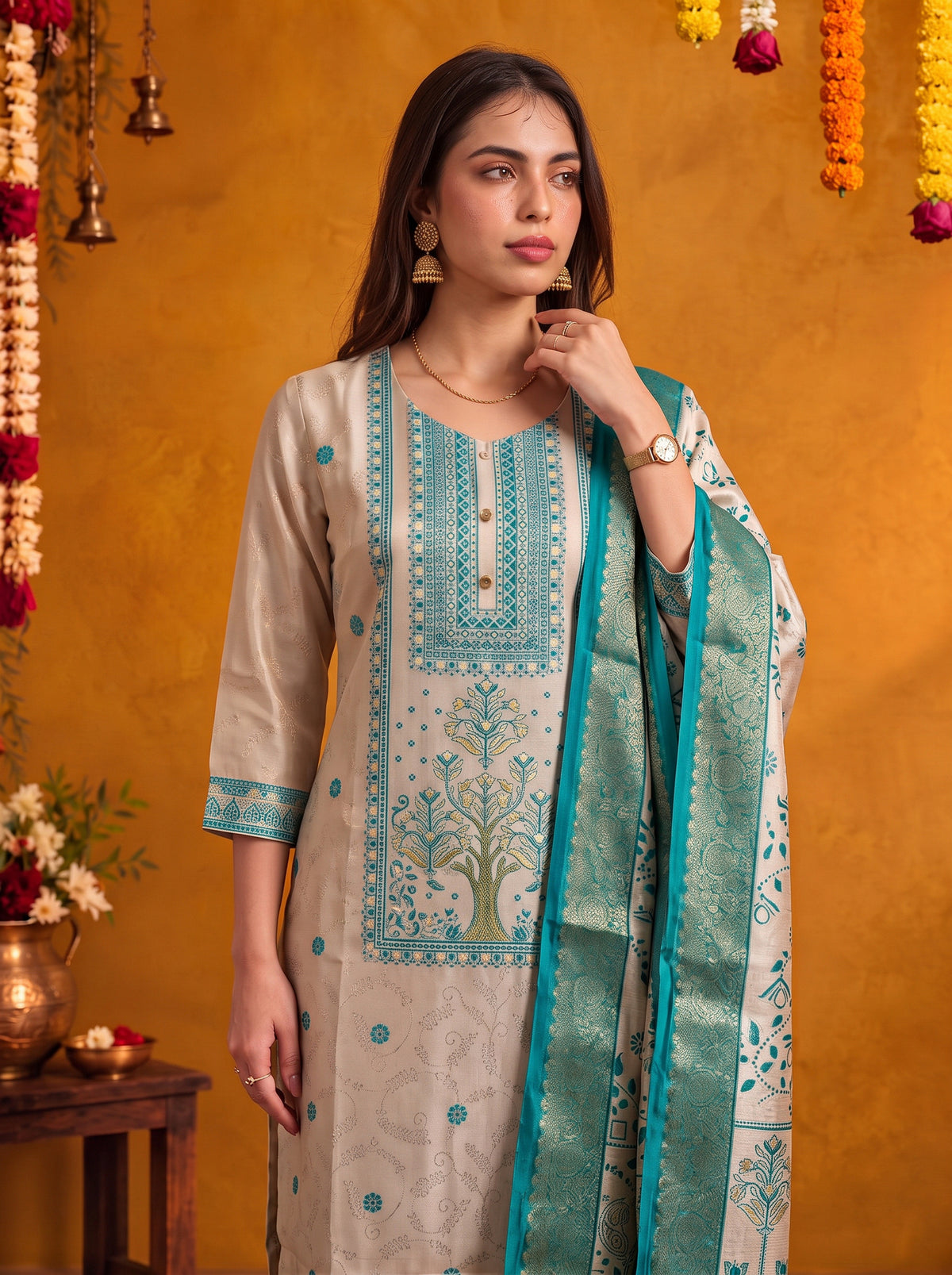 Jacquard Self Design Straight Calf Length Kurta With Pant and Dupatta