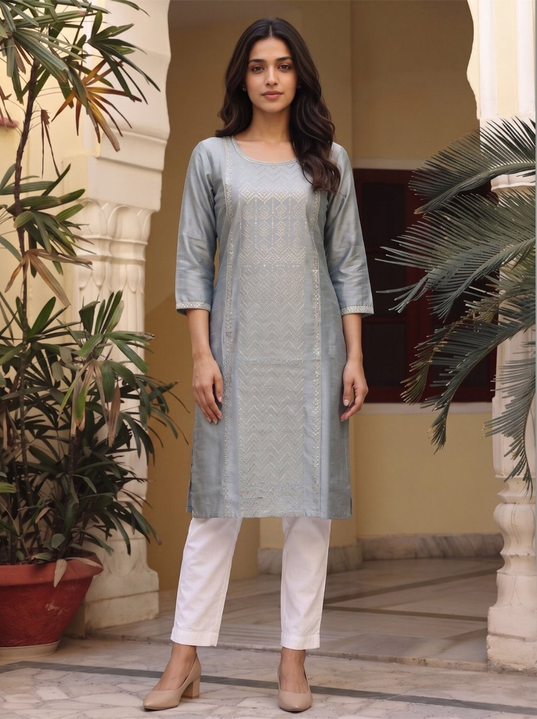 Buy Viscose Printed Straight Knee Length Kurta-Grey