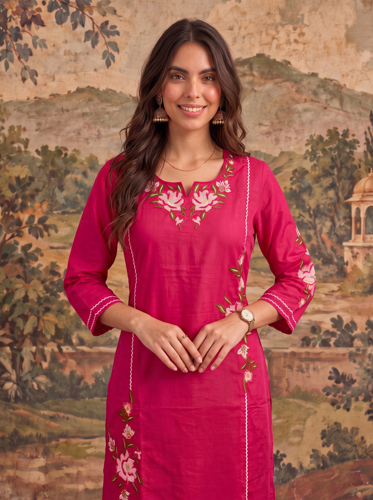 Buy Viscose Embroidered Straight Calf Length Kurta-Fuchsia