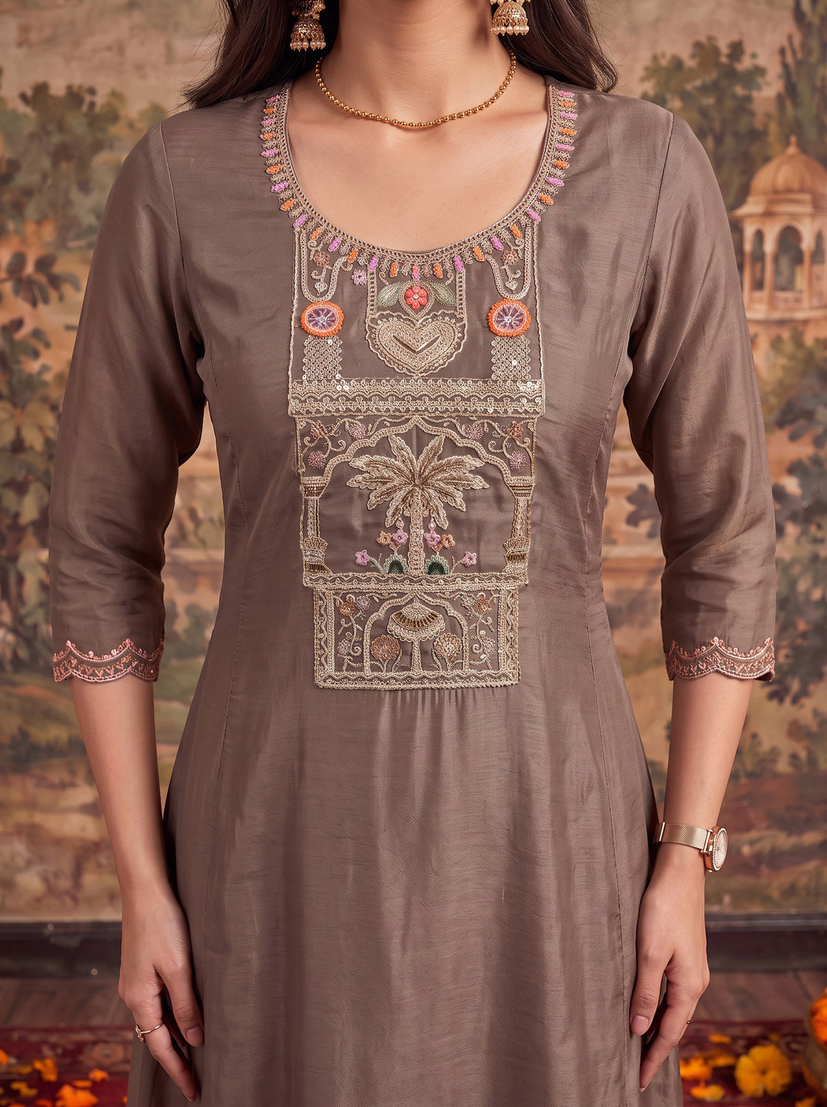 Buy Chanderi Embroidered Flared Calf Length Kurta With Pant and Dupatta-Grey