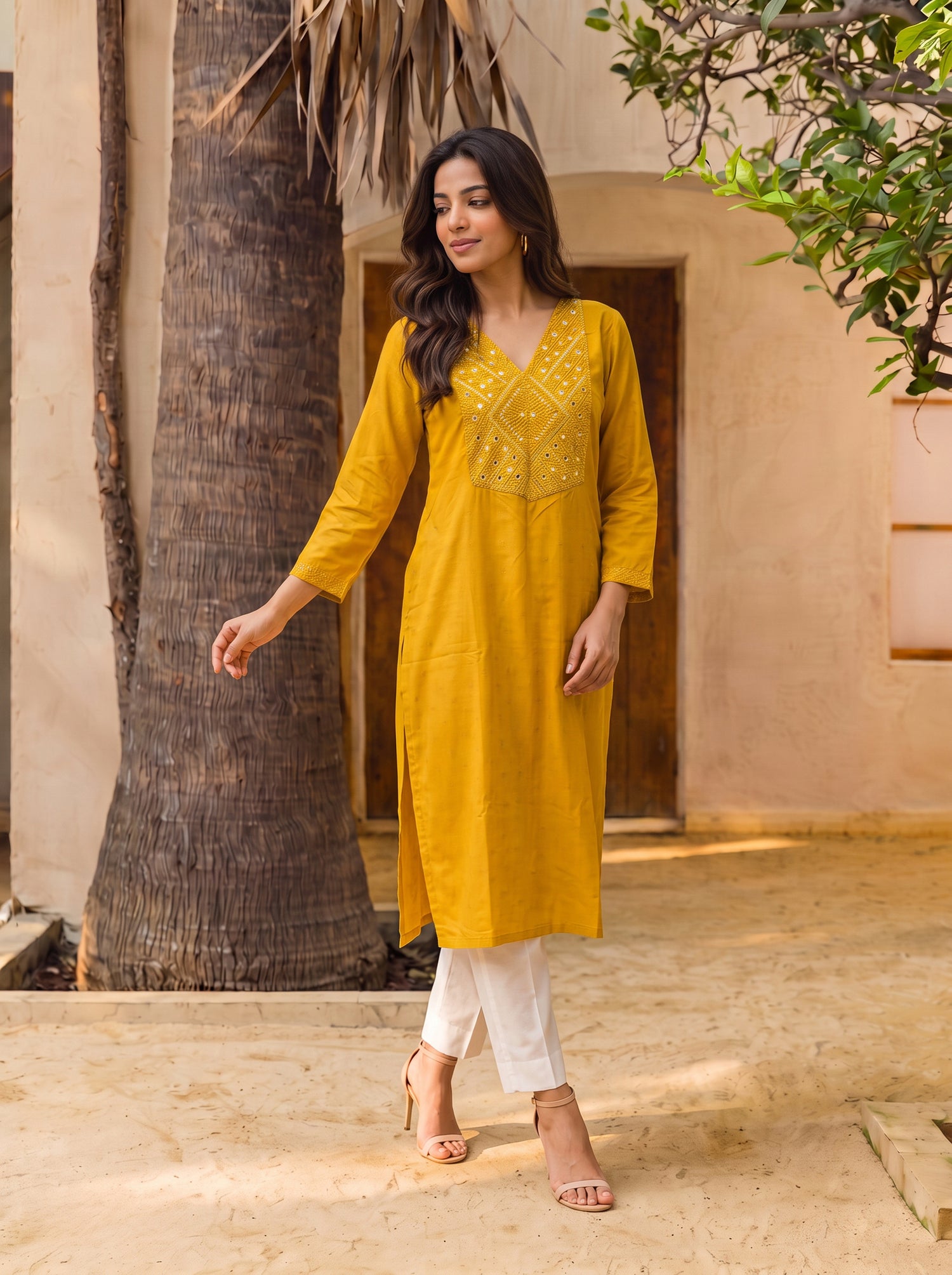 Buy Rayon Embroidered Straight Calf Length Kurta-Yellow