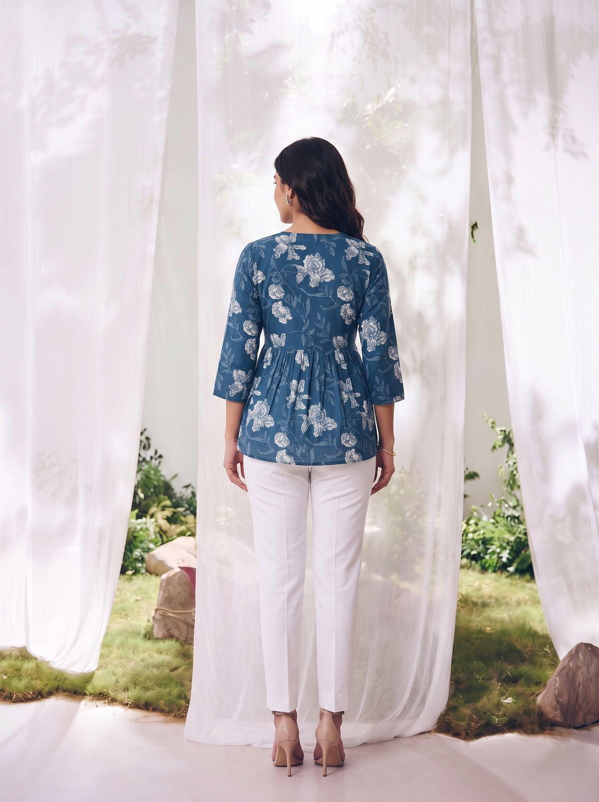 Buy Cotton Printed Peplum Short Length Short Kurta-Blue