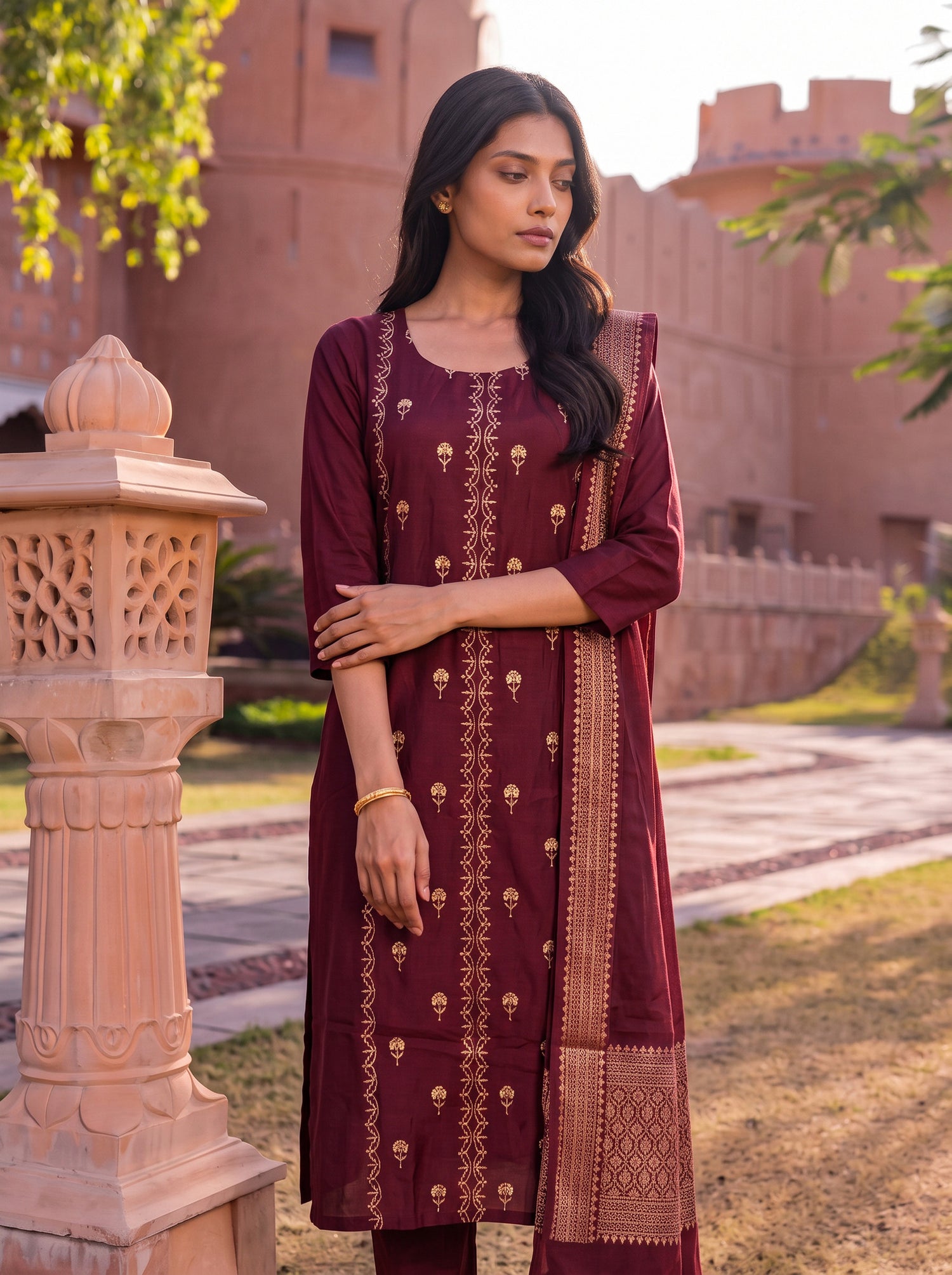 Buy Viscose Embroidered Flared Calf Length Kurta With Pant and Dupatta-Maroon