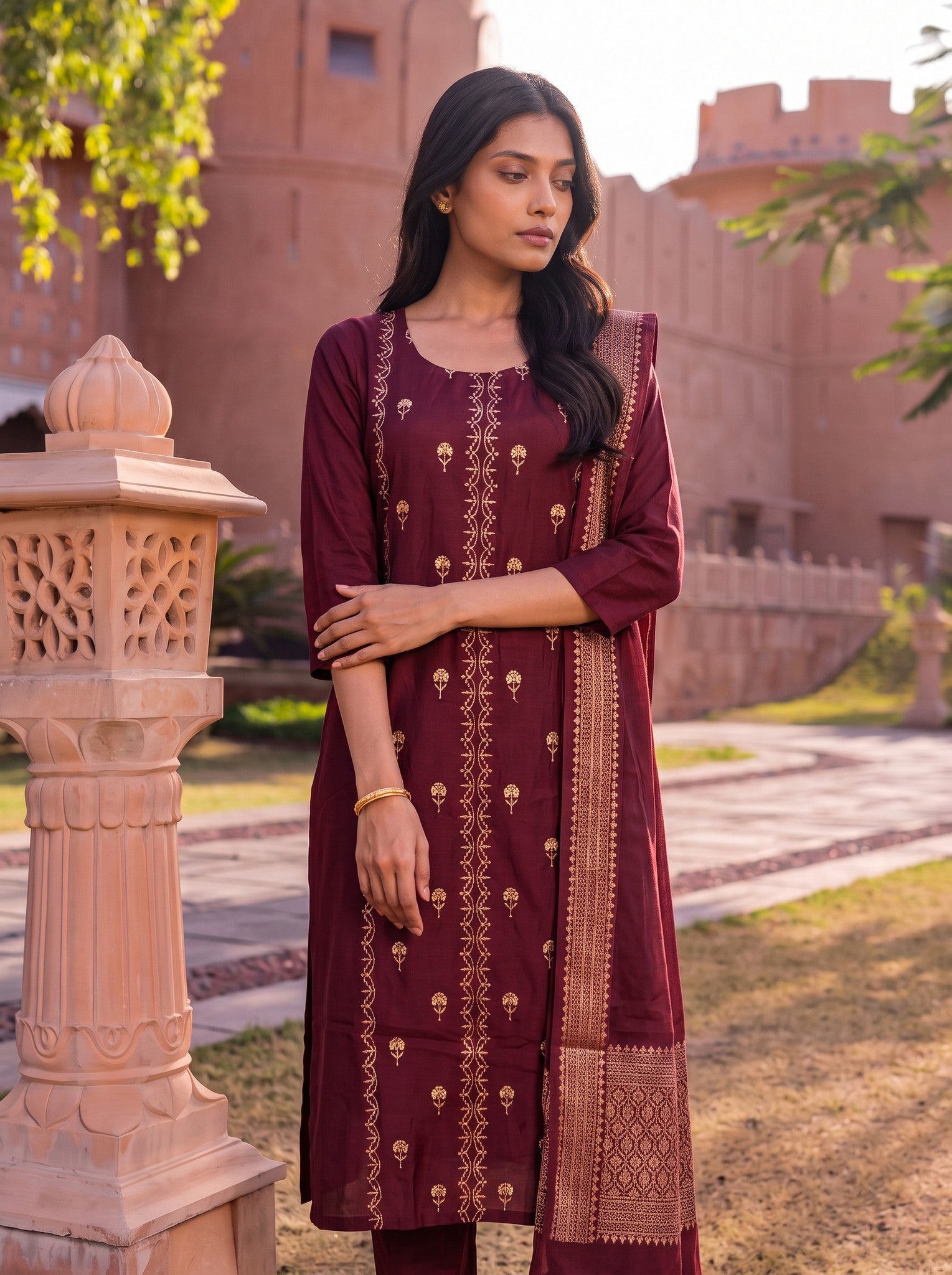 Viscose Embroidered Flared Calf Length Kurta With Pant and Dupatta