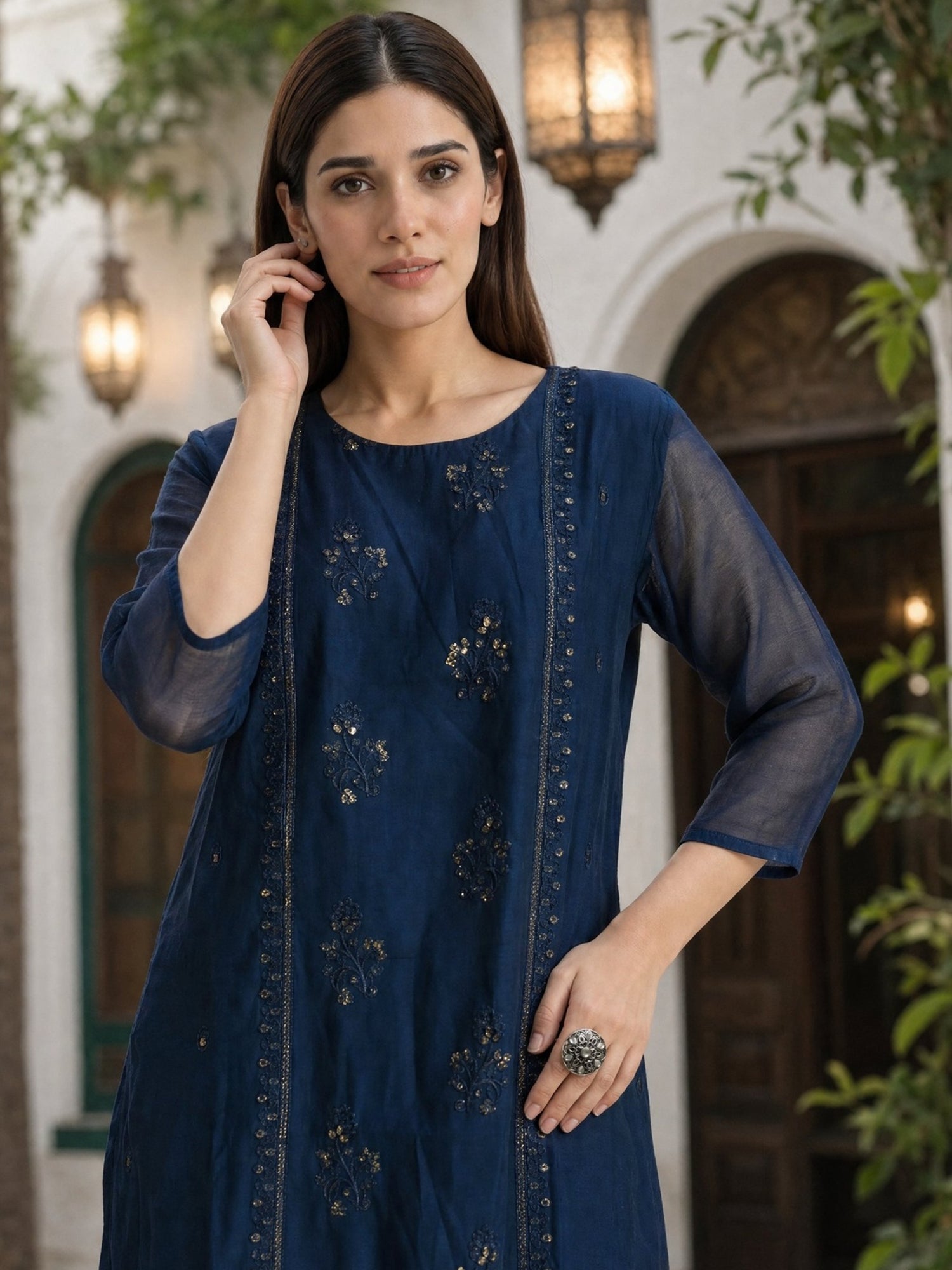 Buy Chanderi Embroidered A-Line Calf Length Kurta-Navy Blue