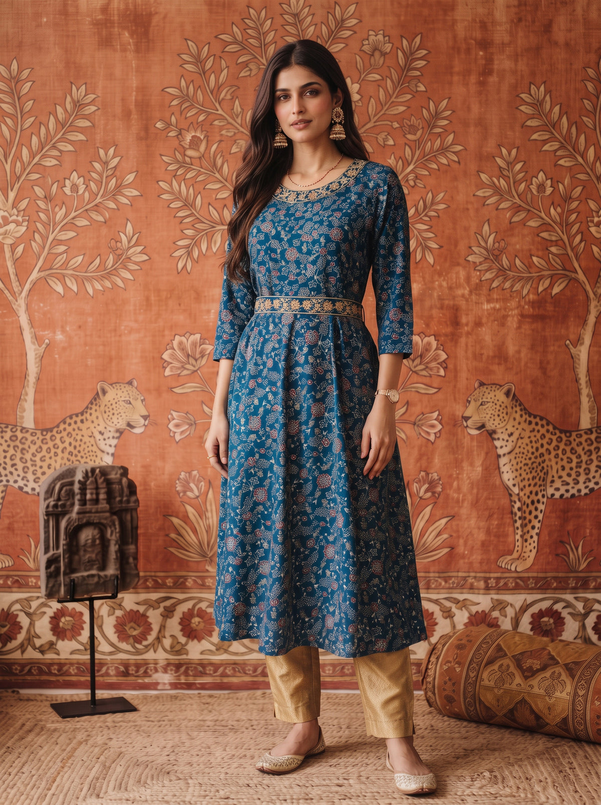 Rayon Embroidered Flared Calf Length Kurta