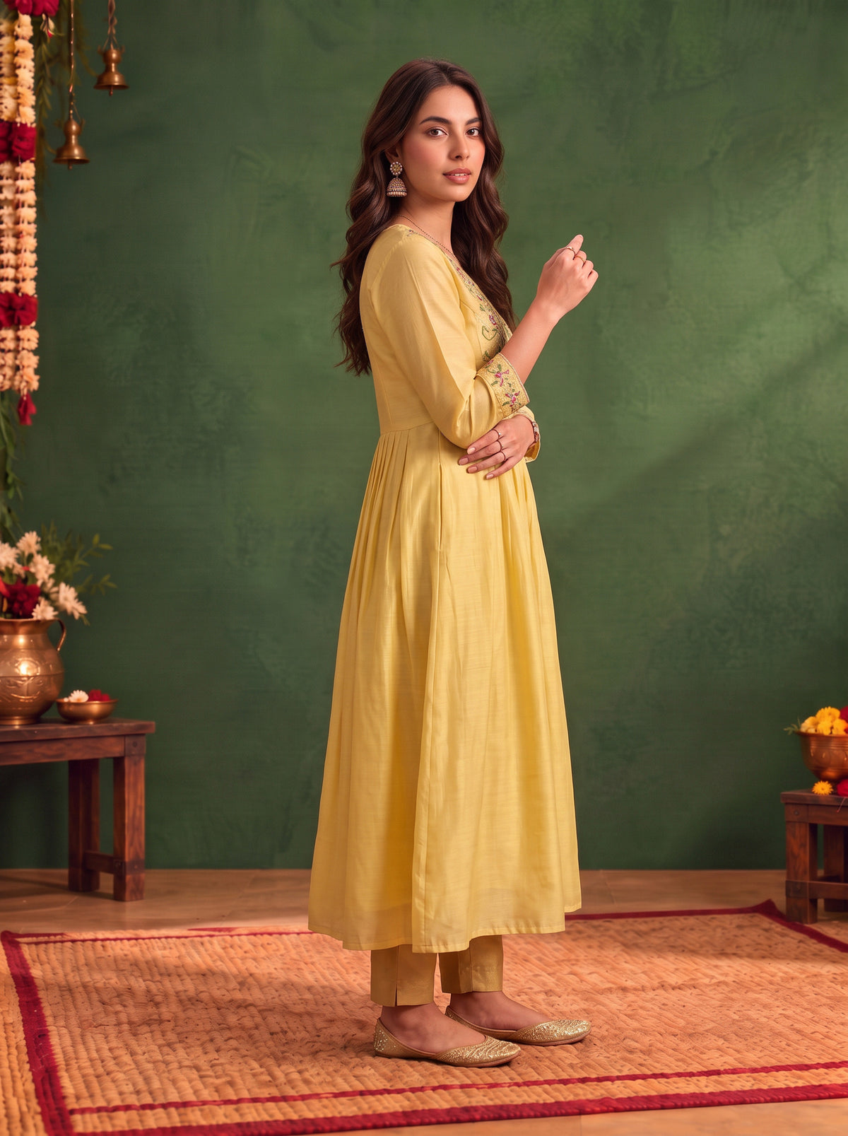 Viscose Embroidered Flared Calf Length Kurta
